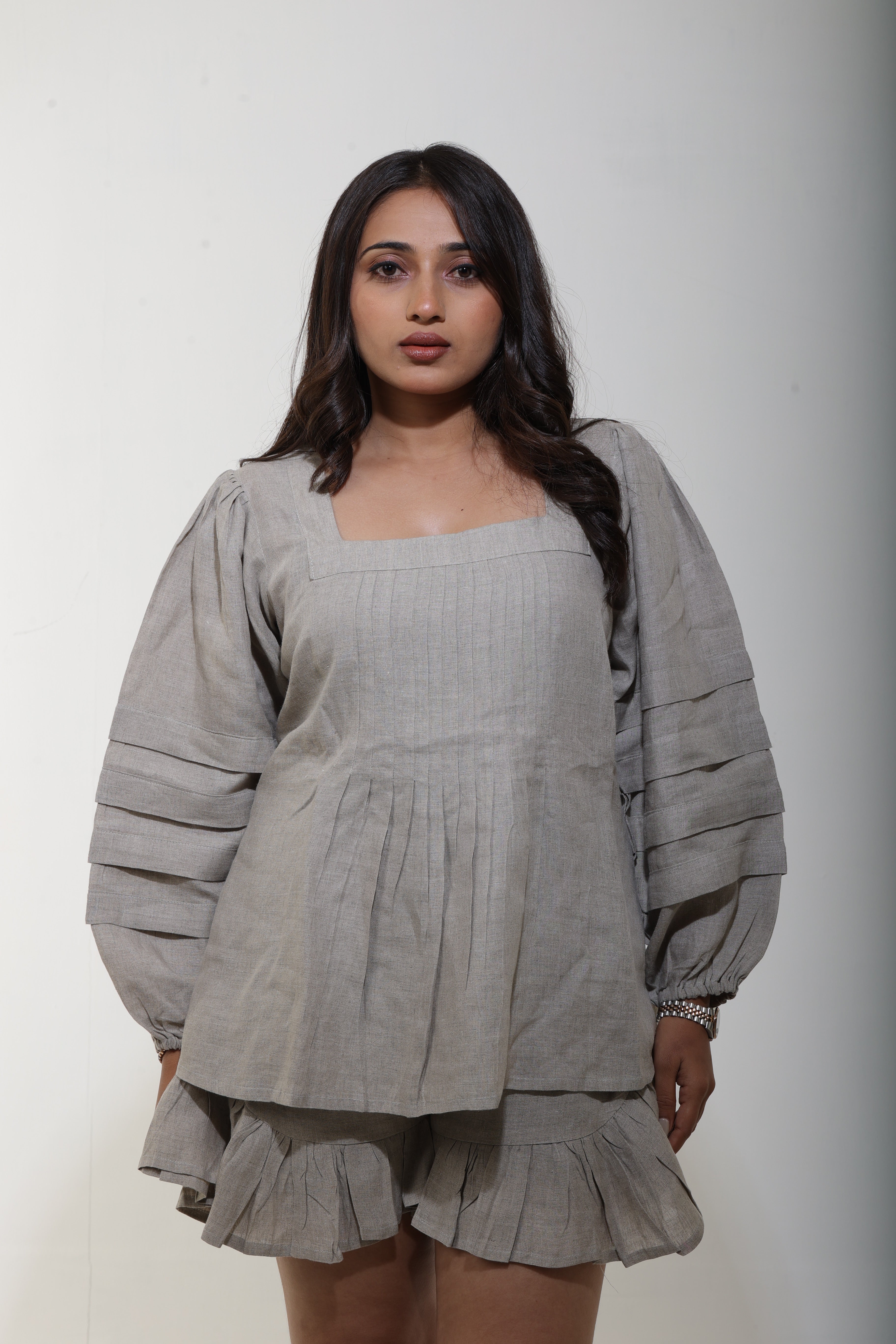 Beige top and frill shorts linen co ord