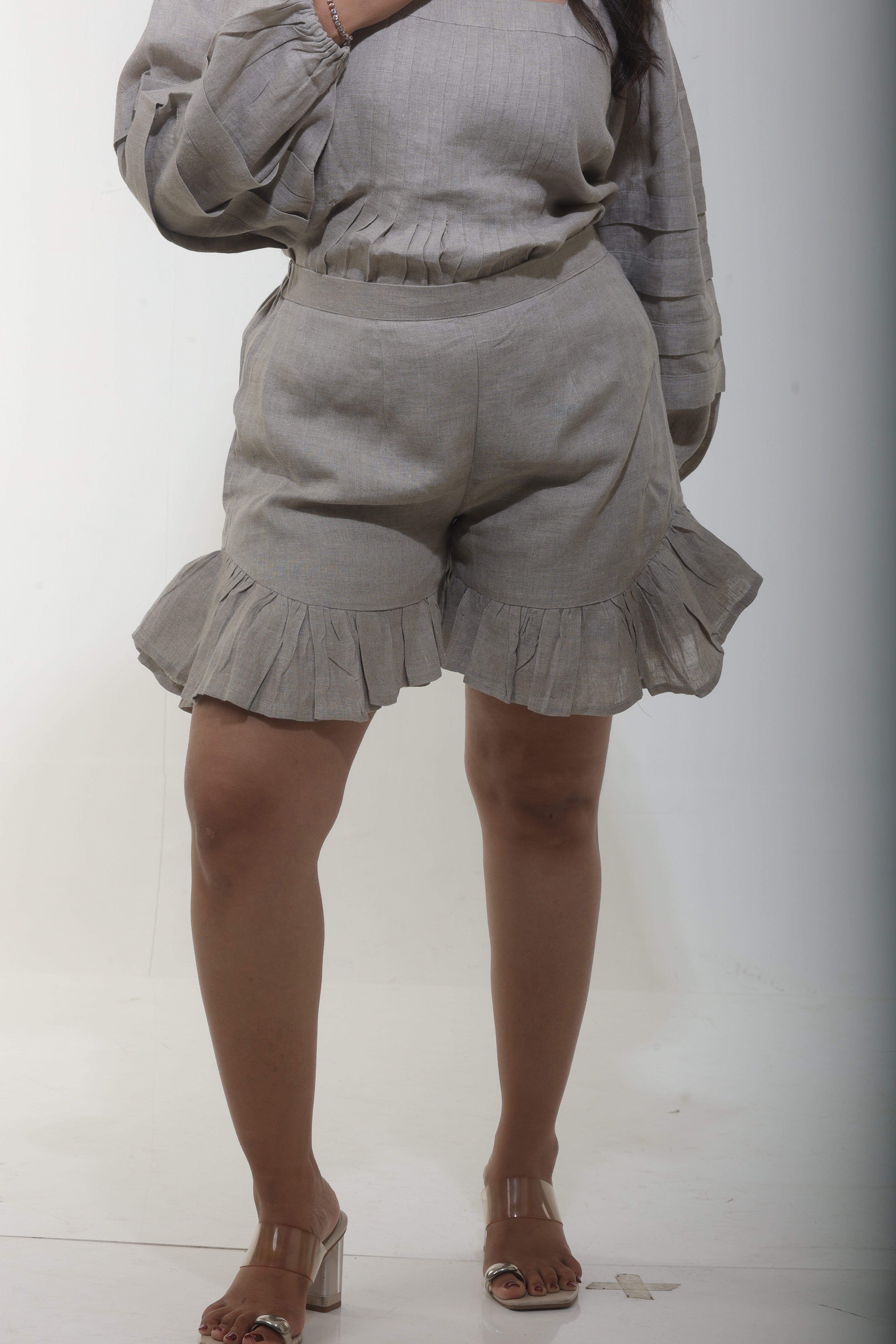 Beige top and frill shorts linen co ord