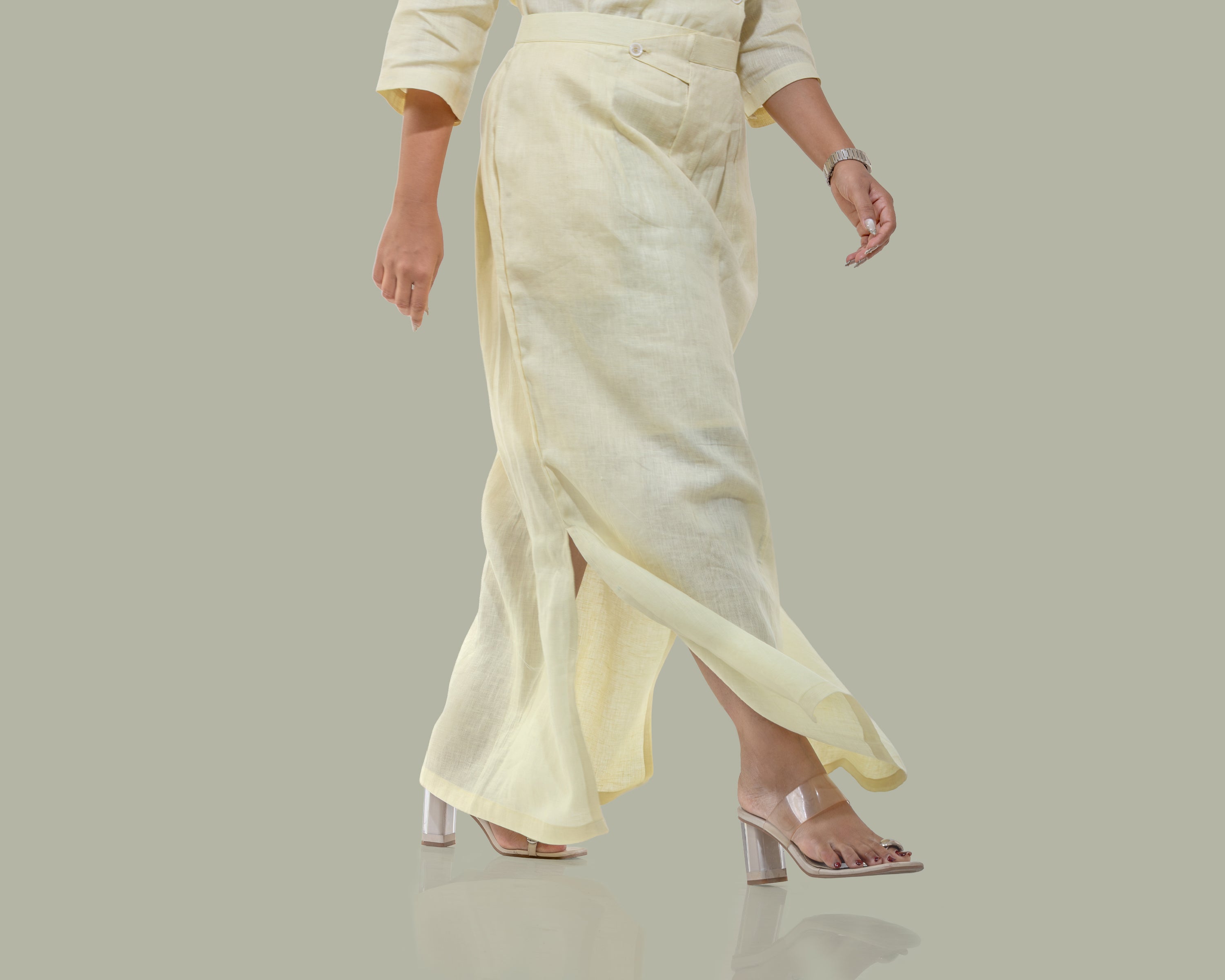 Butter yellow side slit linen long skirt