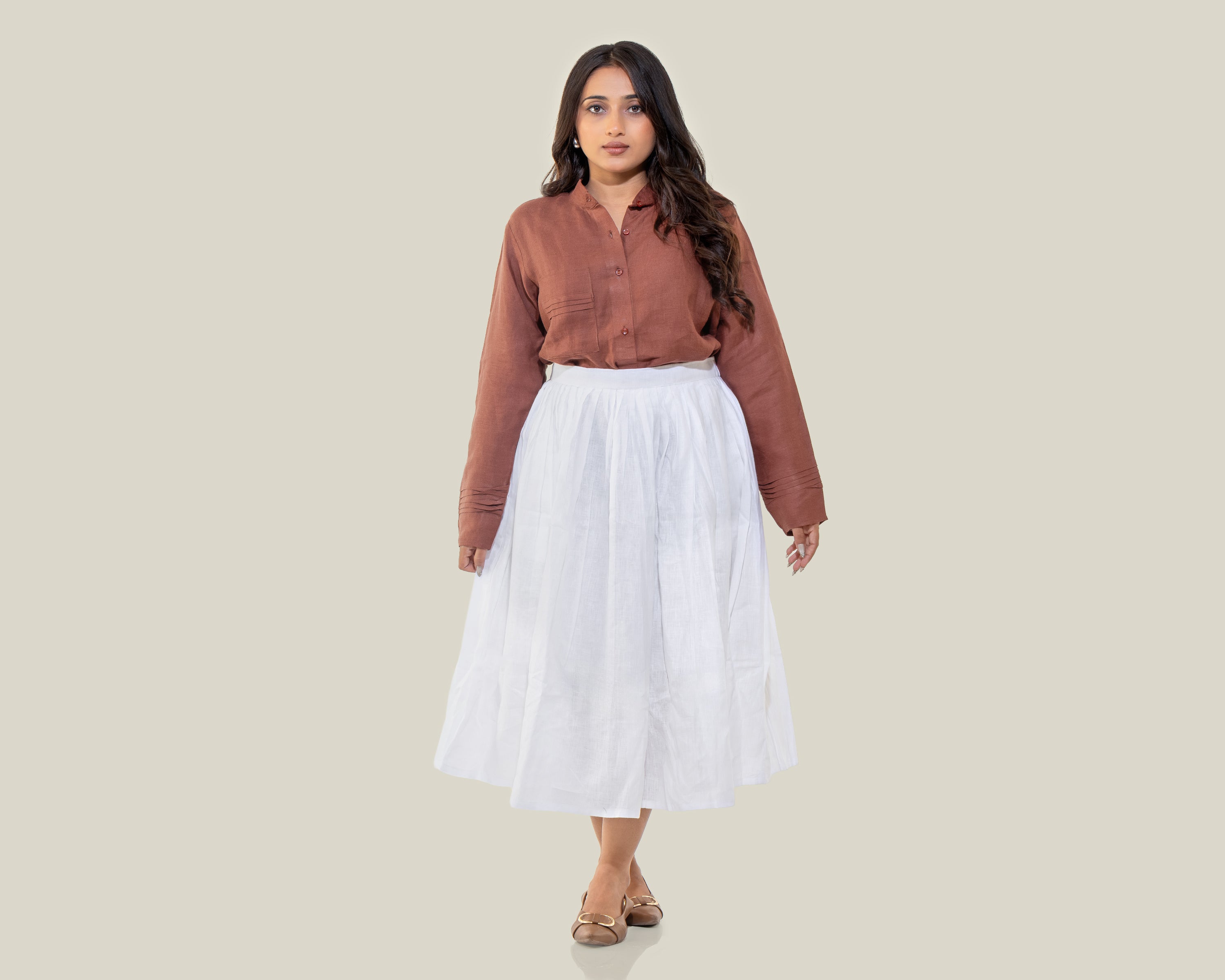 White ankle skirt with rust shirt linen co ord