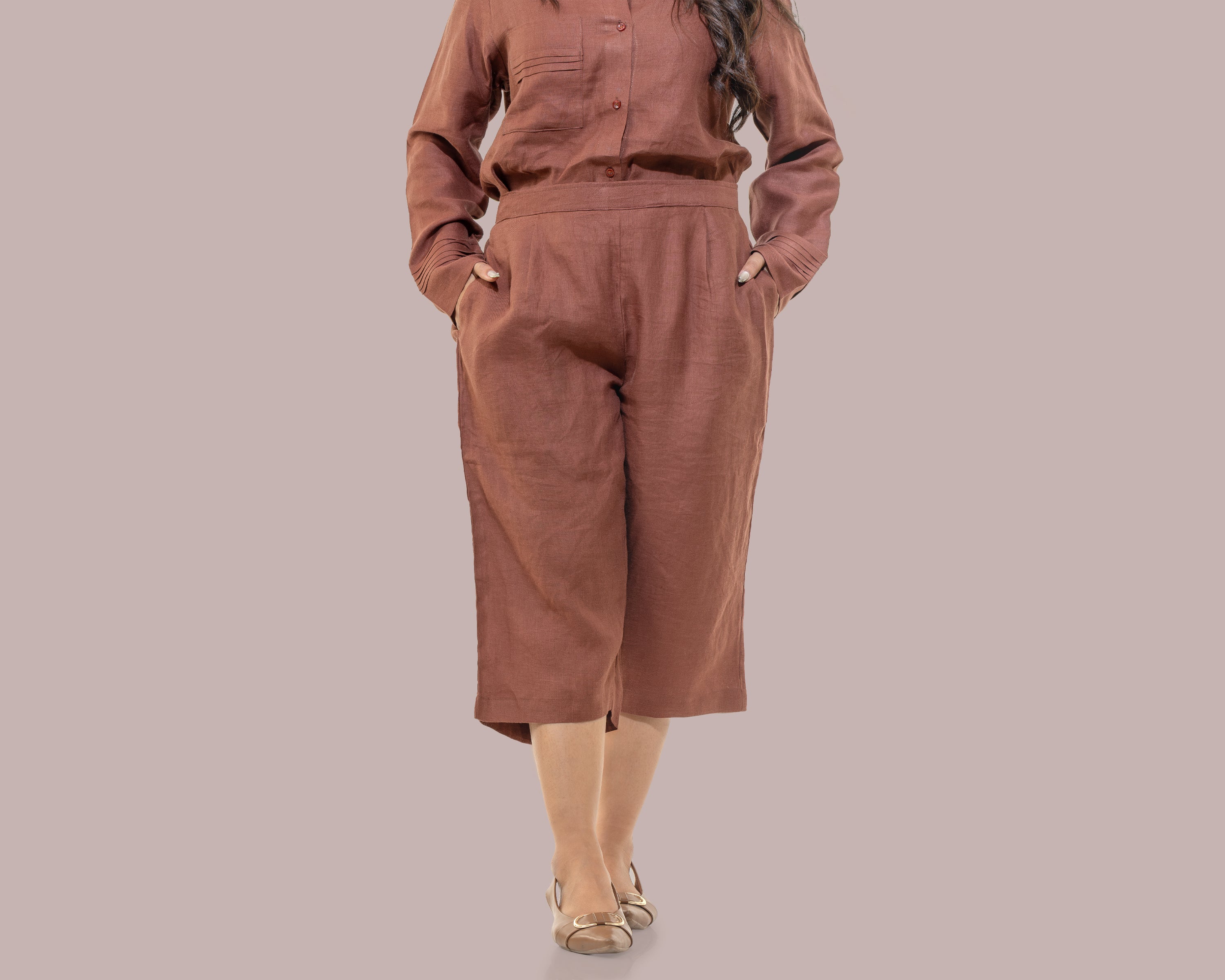 Rust shirt and 3/4th pant linen co ord