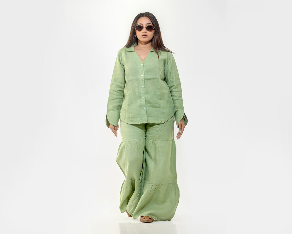 Green shirt with pleated pants linen co ord