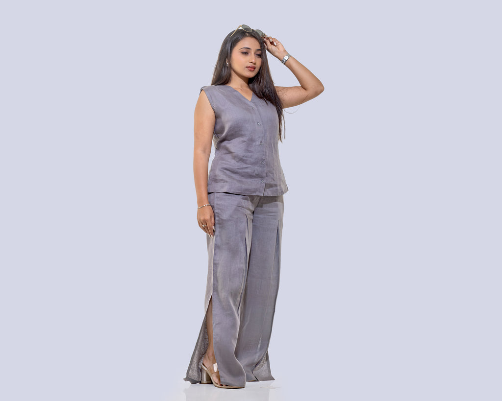 Grey waist coat with slit cut pants linen co ord