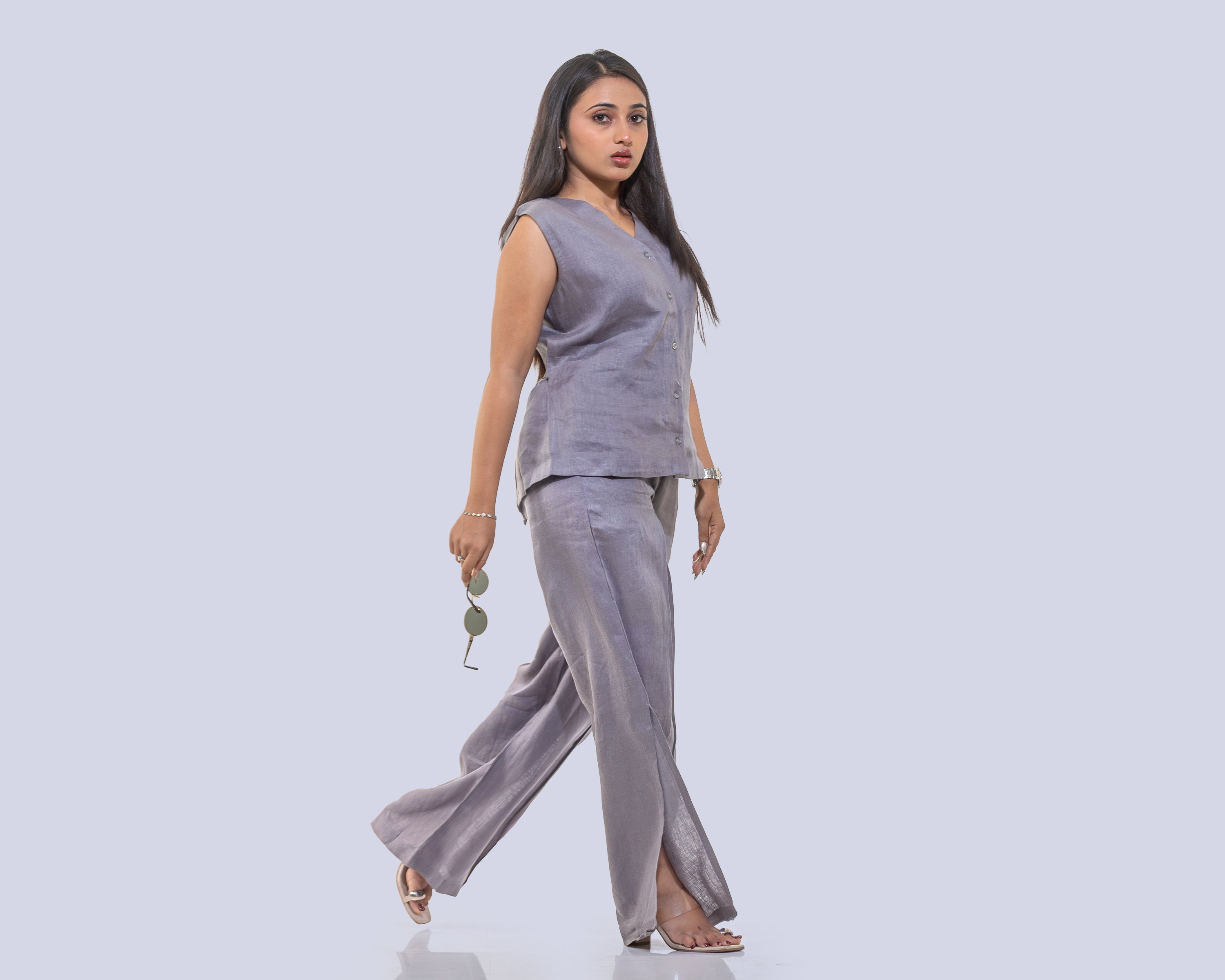 Grey waist coat with slit cut pants linen co ord