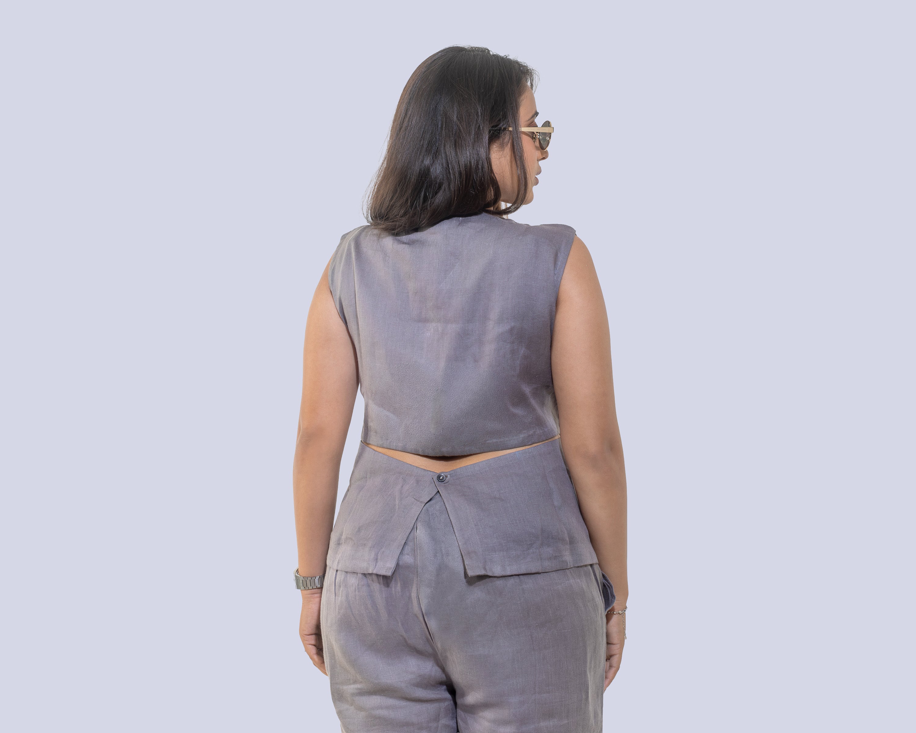 Grey waist coat with slit cut pants linen co ord