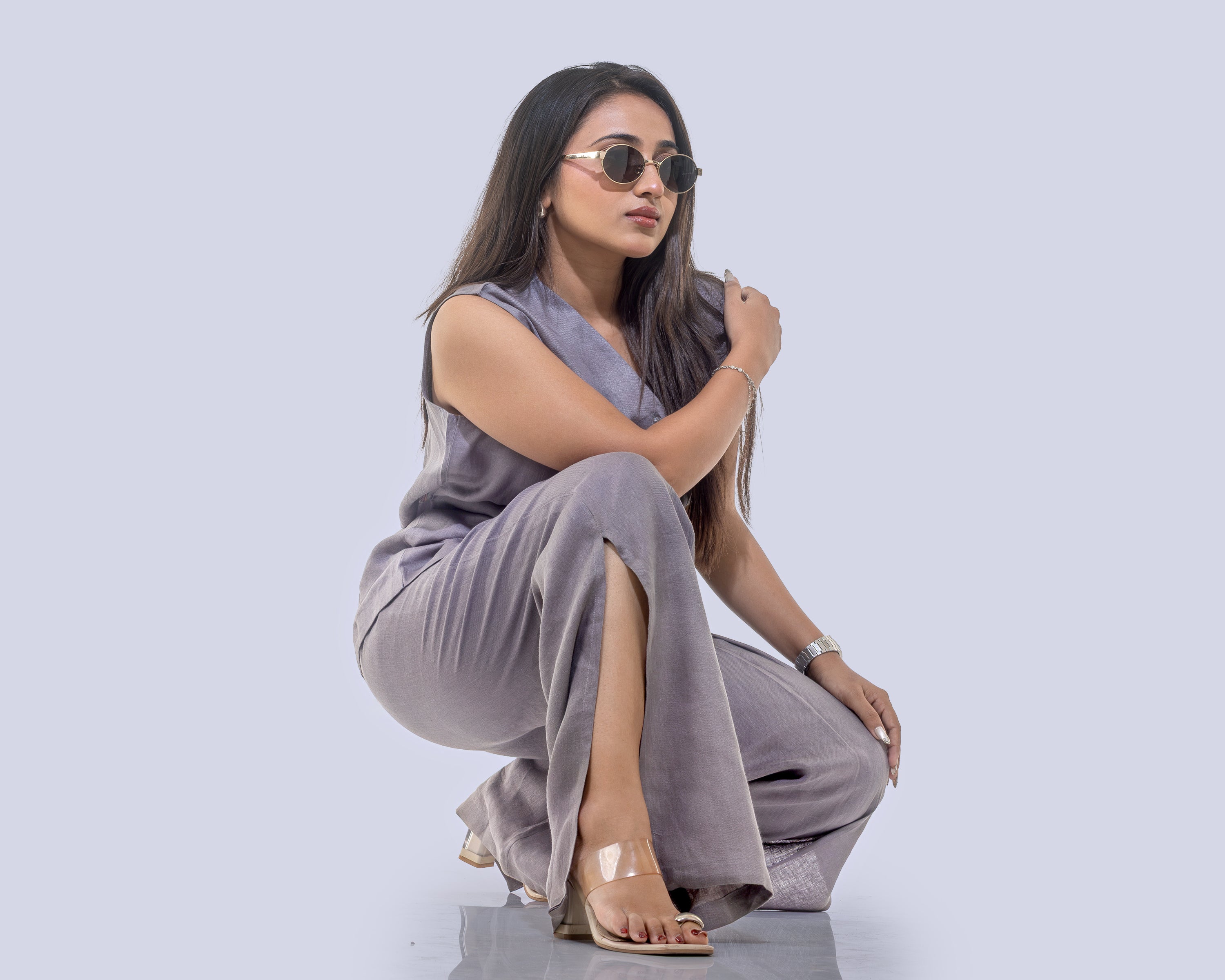 Grey waist coat with slit cut pants linen co ord
