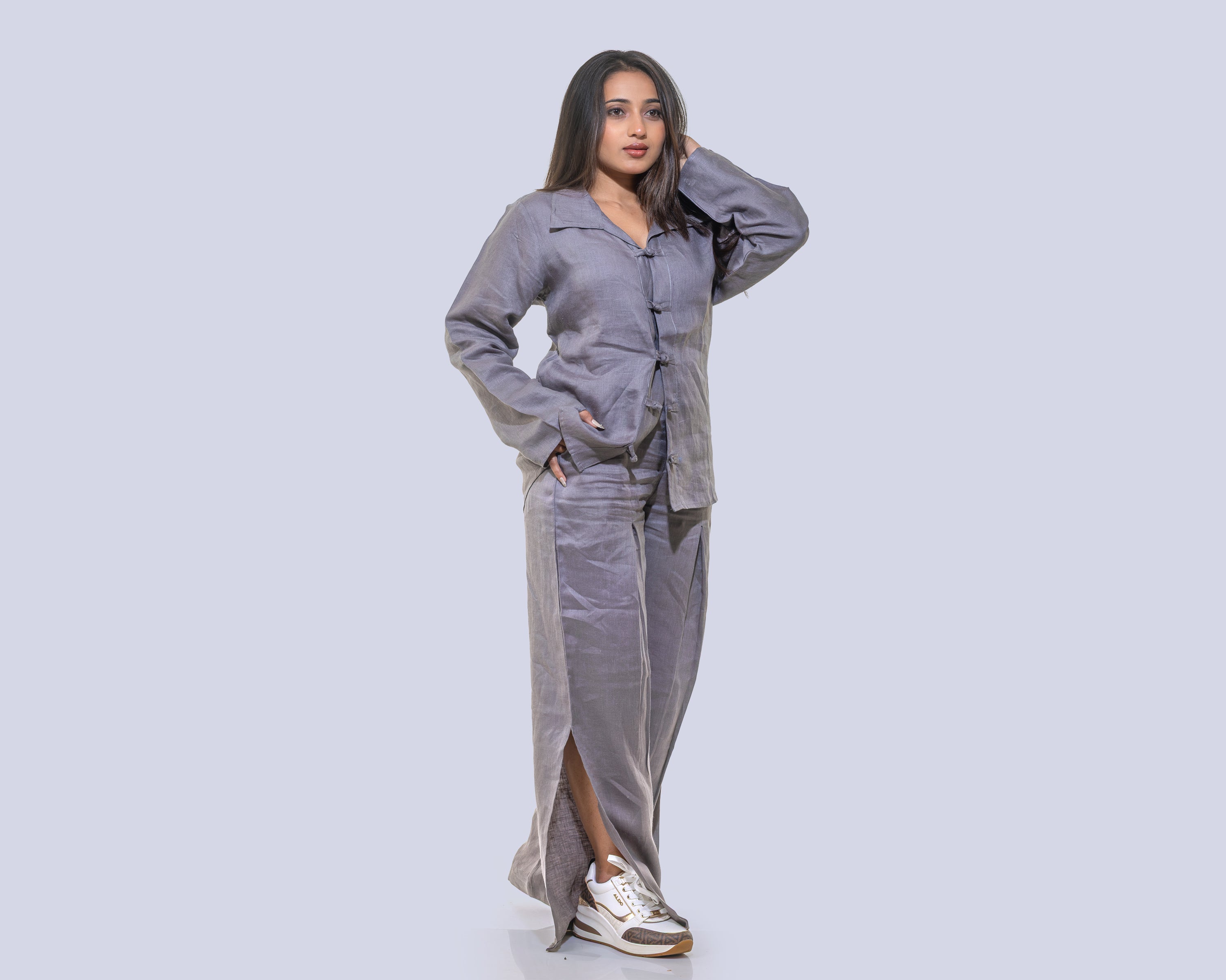 Grey shirt with slit cut pants linen co ord
