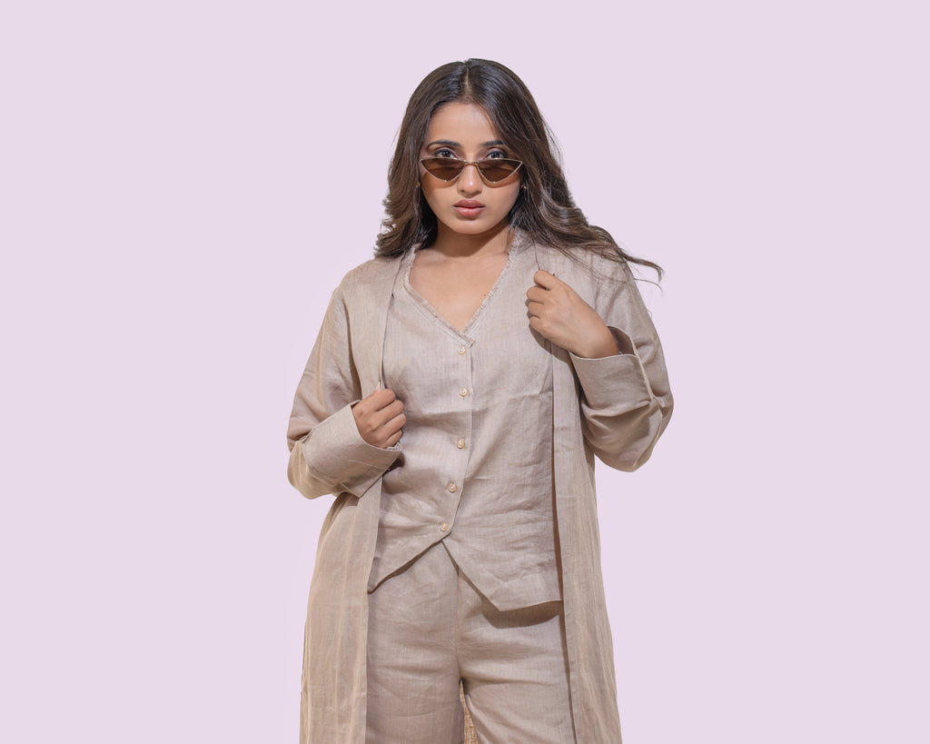 Blush beige waist coat, pants and jacket linen co ord