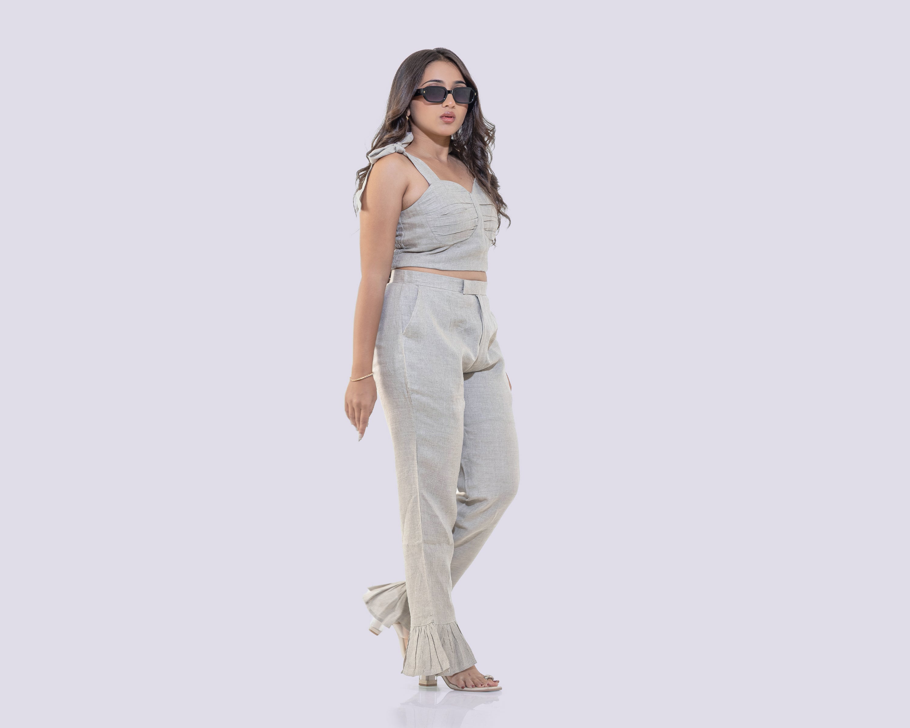 Frill pants with tie knot top linen co ord