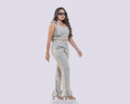 Beige linen pants with bottom frill