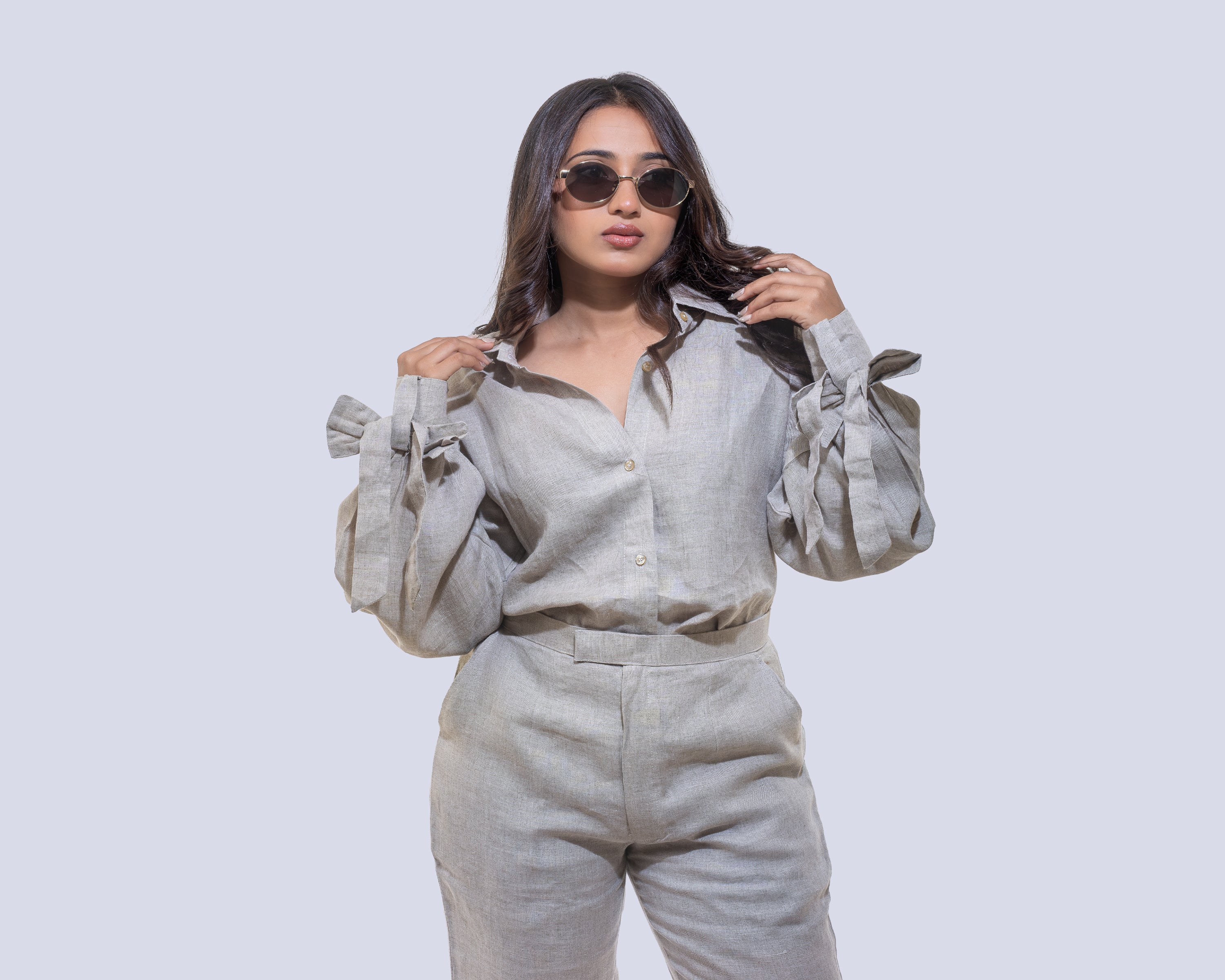 Beige bow linen shirt
