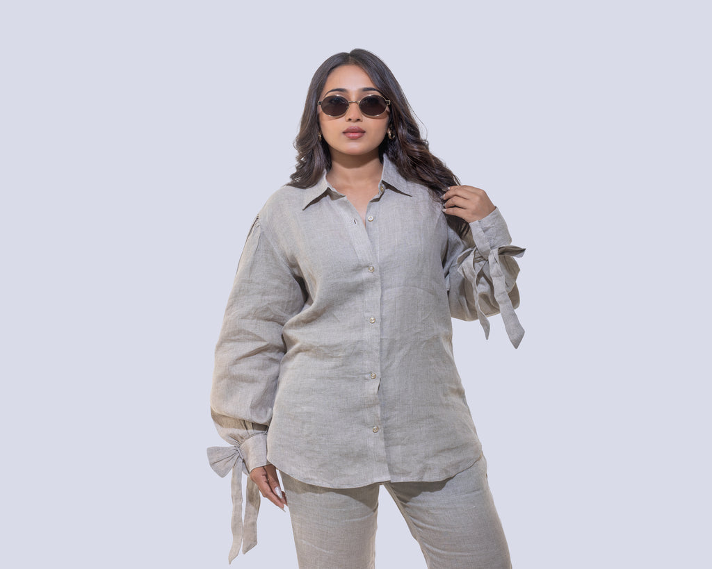 Beige bow linen shirt