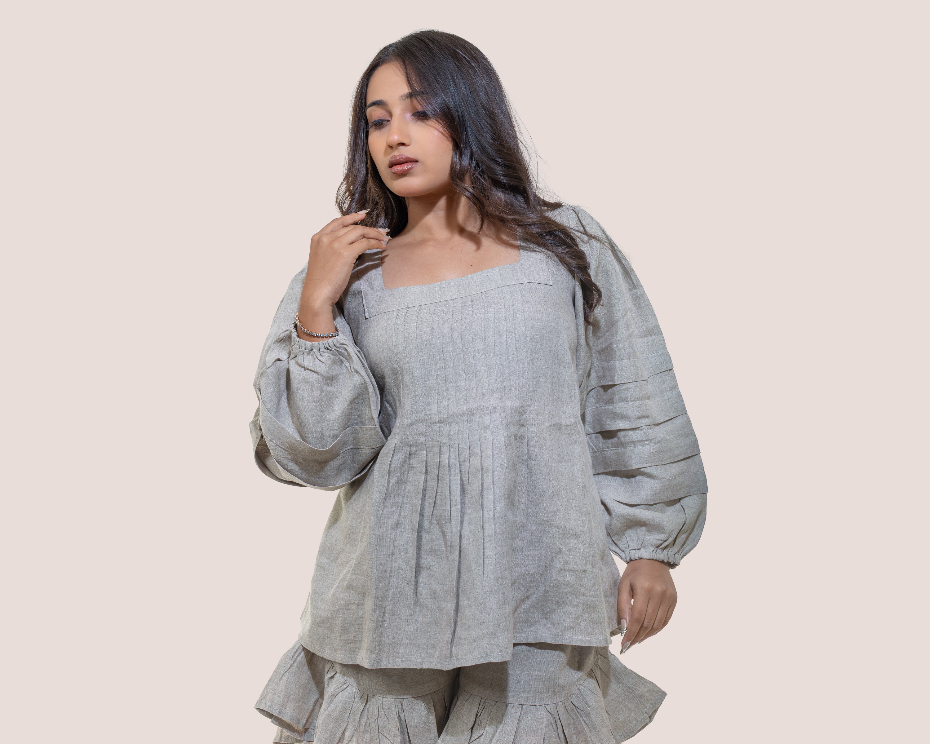 Beige pleat linen top