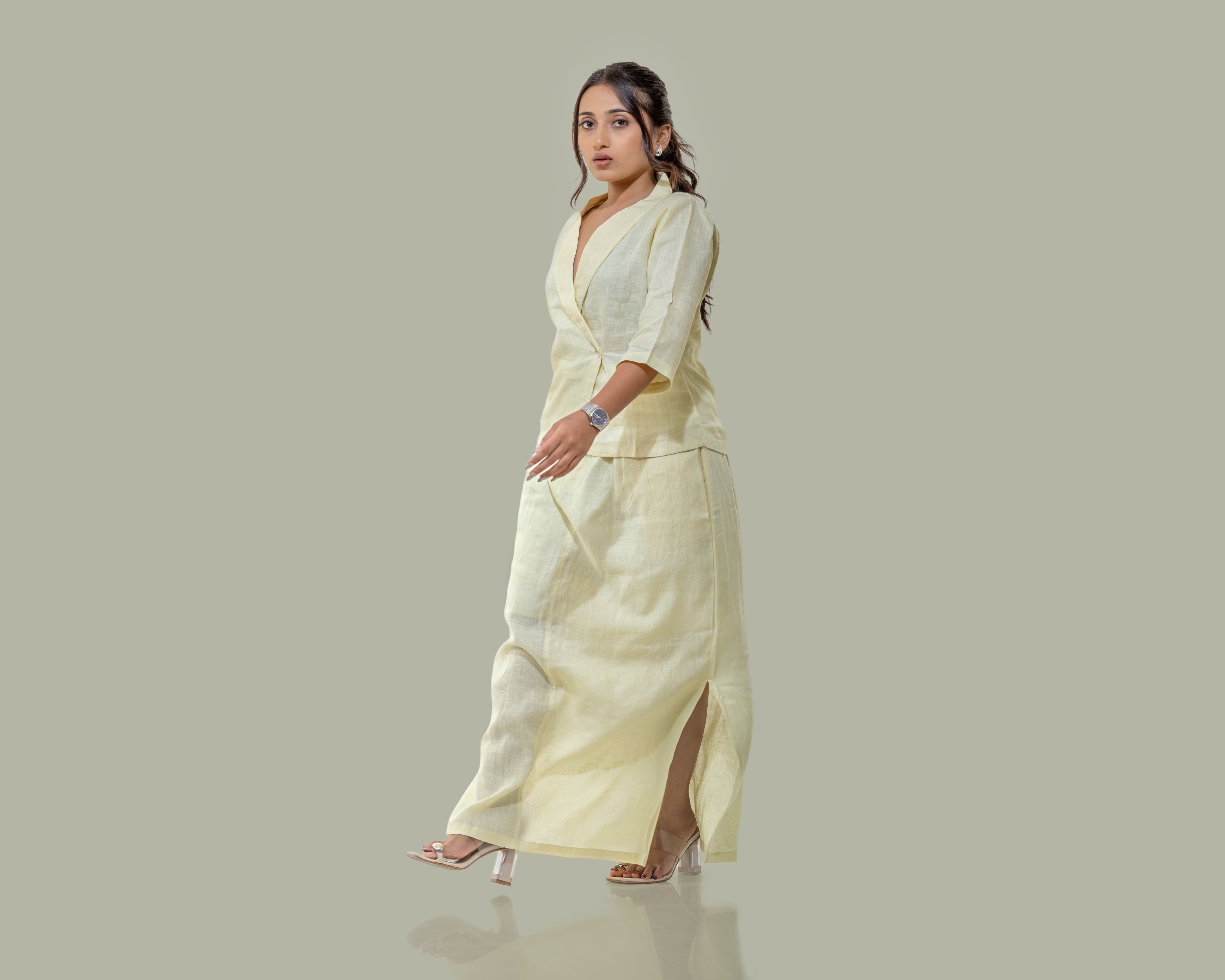 Butter yellow side slit linen long skirt