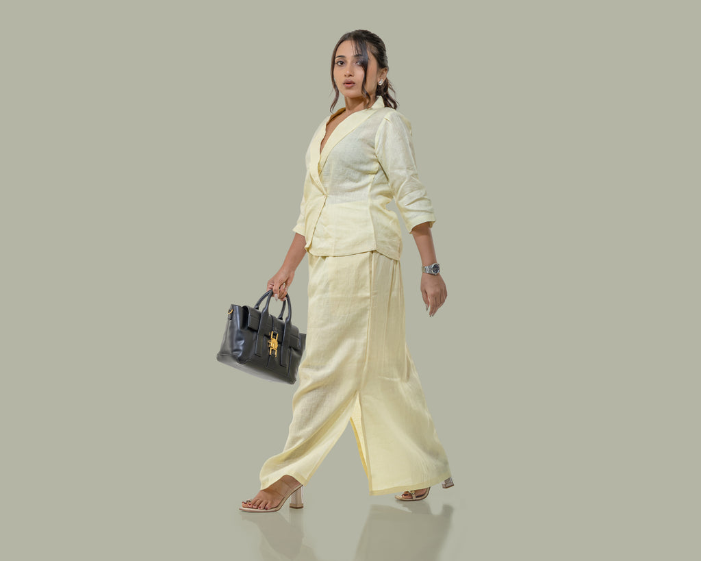 Butter yellow slit cut long skirt with waist coat linen co ord