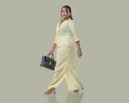 Butter yellow slit cut long skirt with waist coat linen co ord