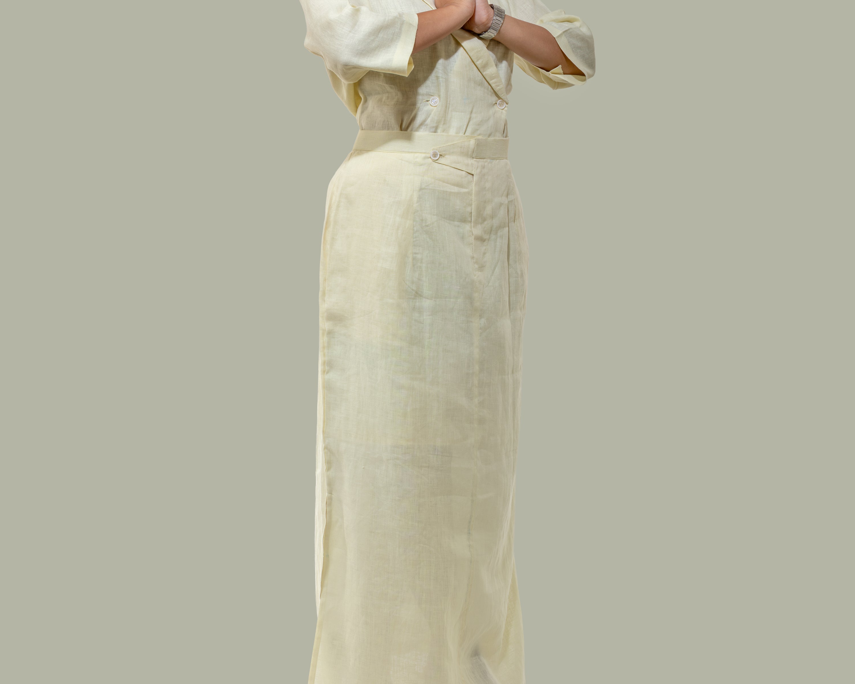 Butter yellow side slit linen long skirt