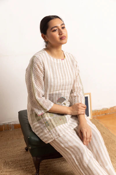 Block Printed Kora Strip 100% Linen Coord Set