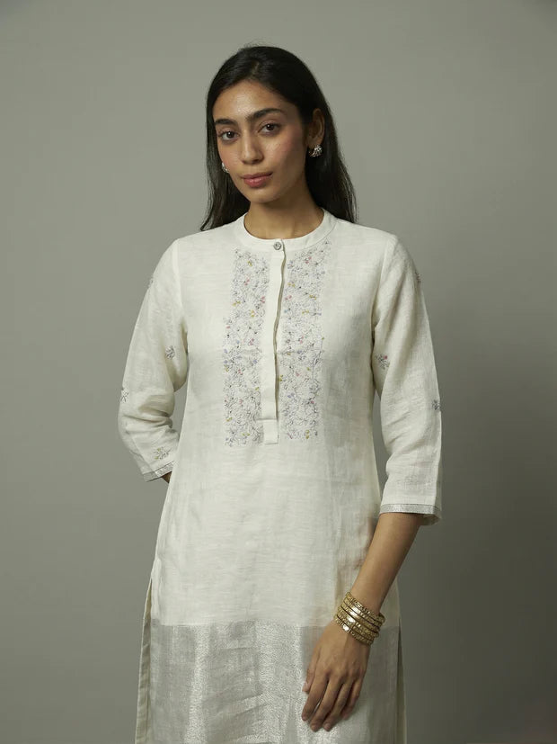 Zari embroidered yoke on Sliver Zari linen Kurta Set