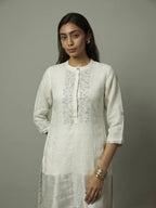 Zari embroidered yoke on Sliver Zari linen Kurta Set