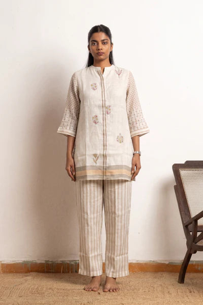 Kora Striped Linen Floral Tunic Co-ord Set
