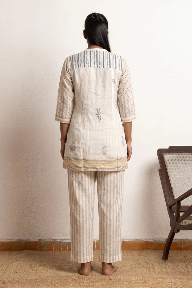 Kora Striped Linen Floral Tunic Co-ord Set