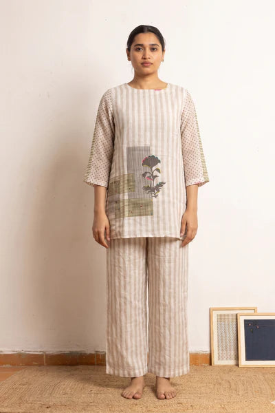 Block Printed Kora Strip 100% Linen Coord Set