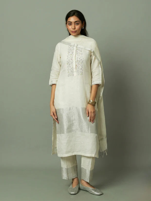 Zari embroidered yoke on Sliver Zari linen Kurta Set
