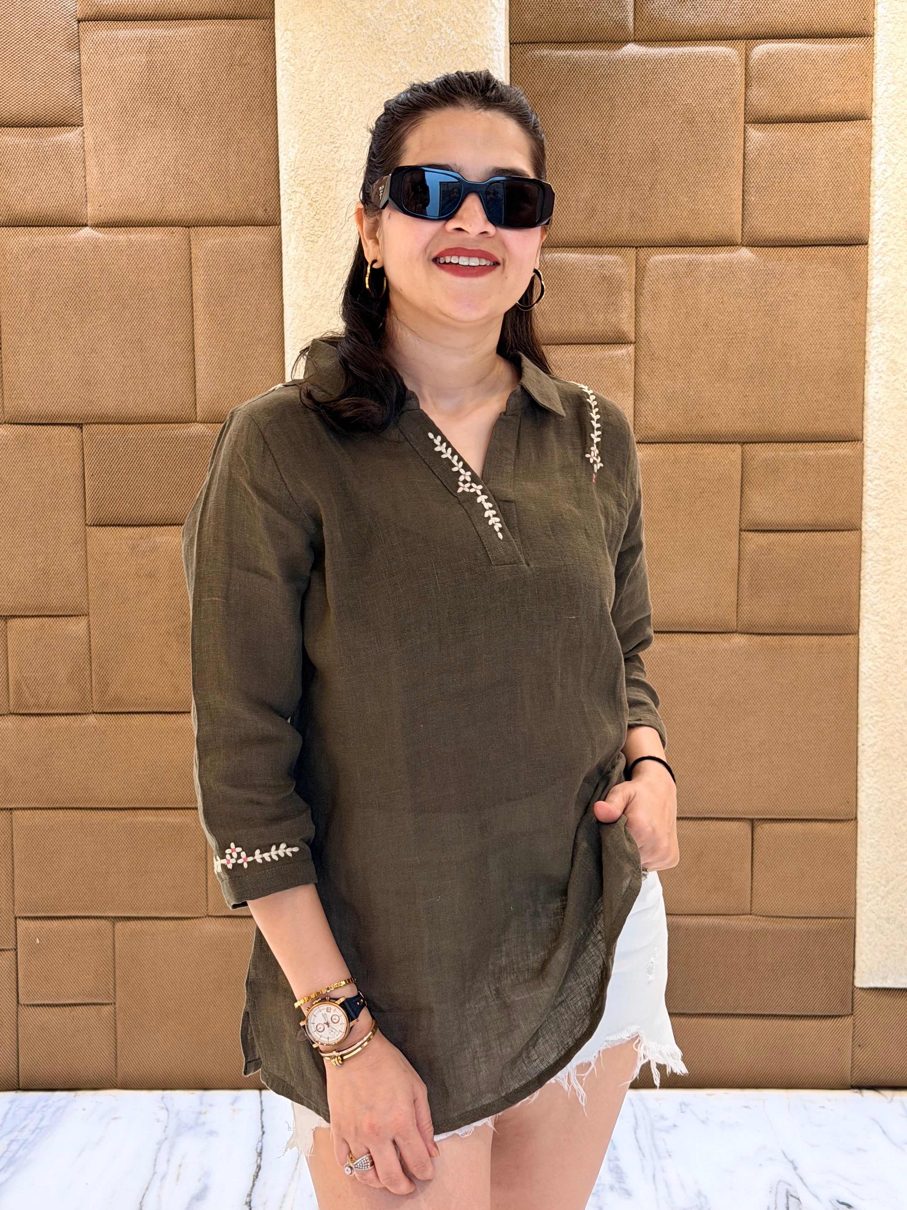 Dark green linen kurta
