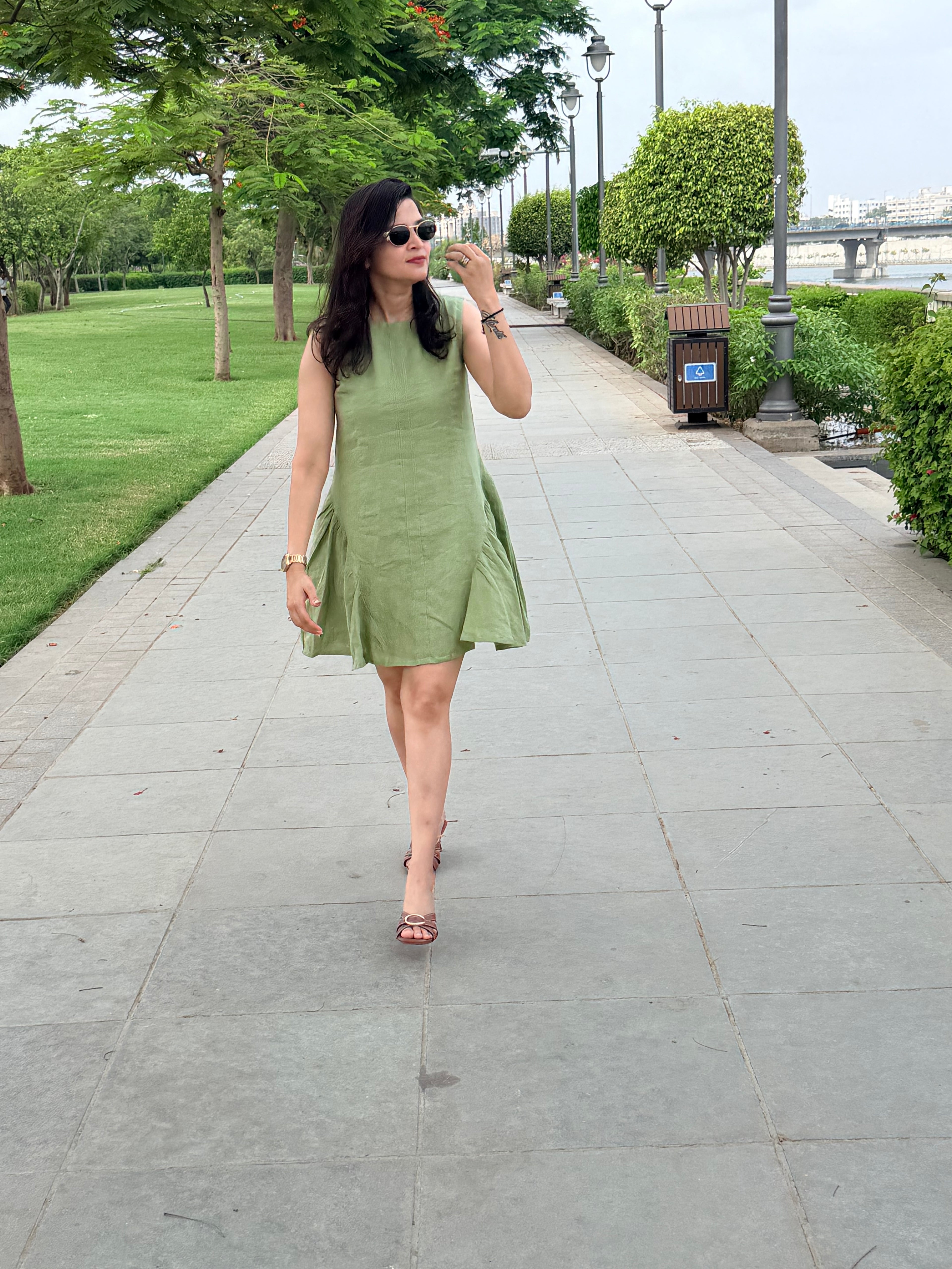 Sage green short linen dress
