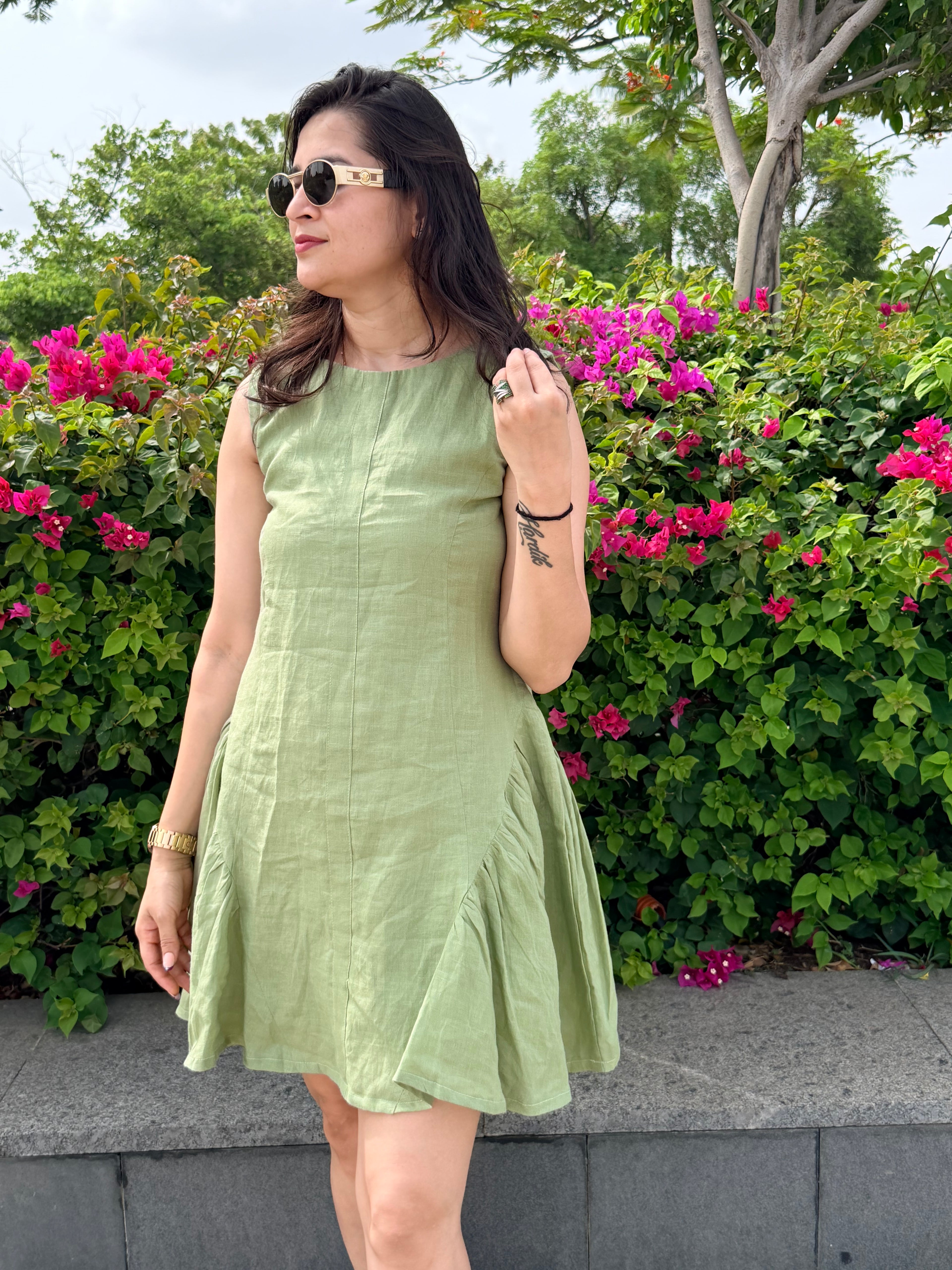Sage green short linen dress