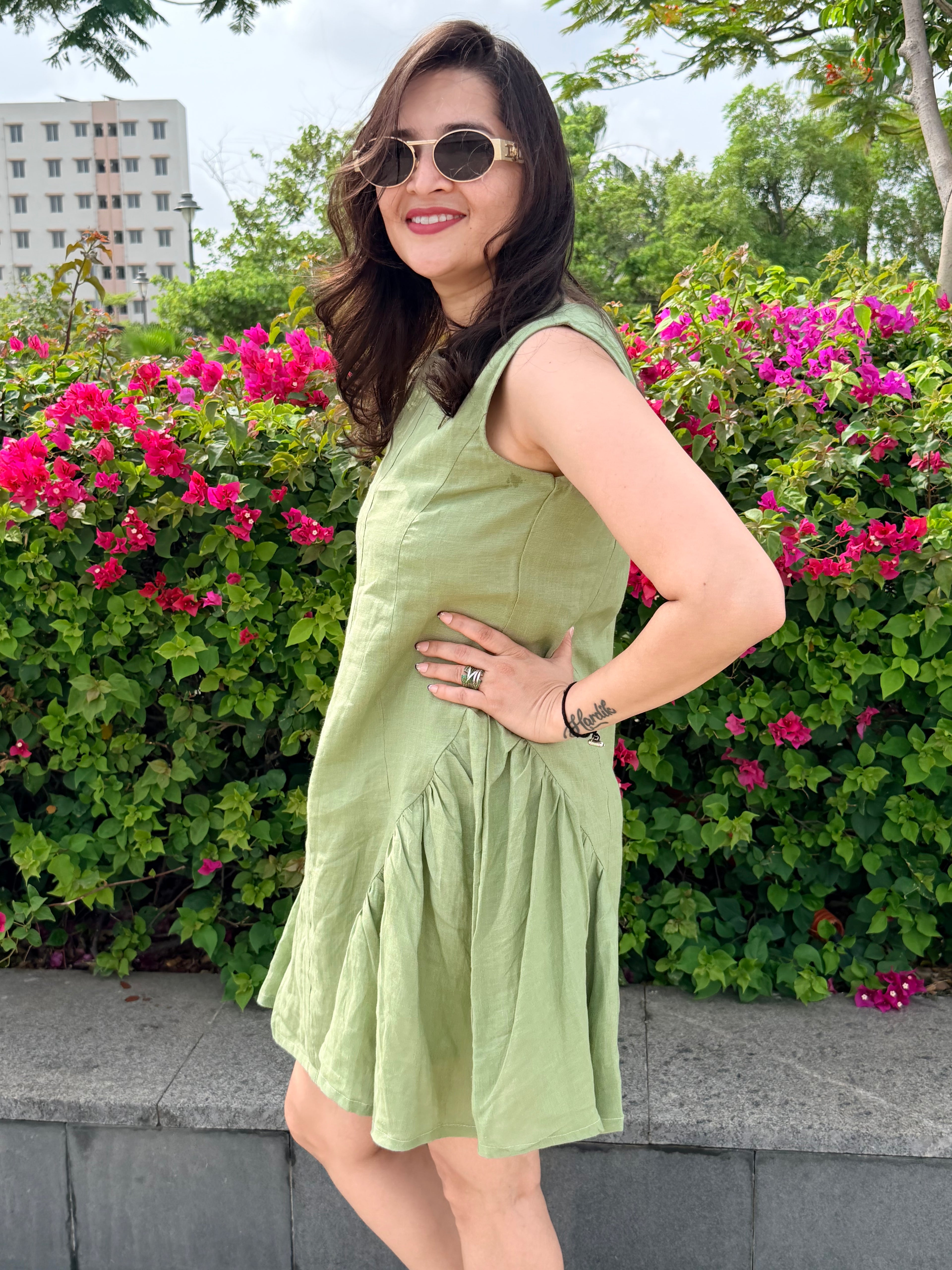 Sage green short linen dress