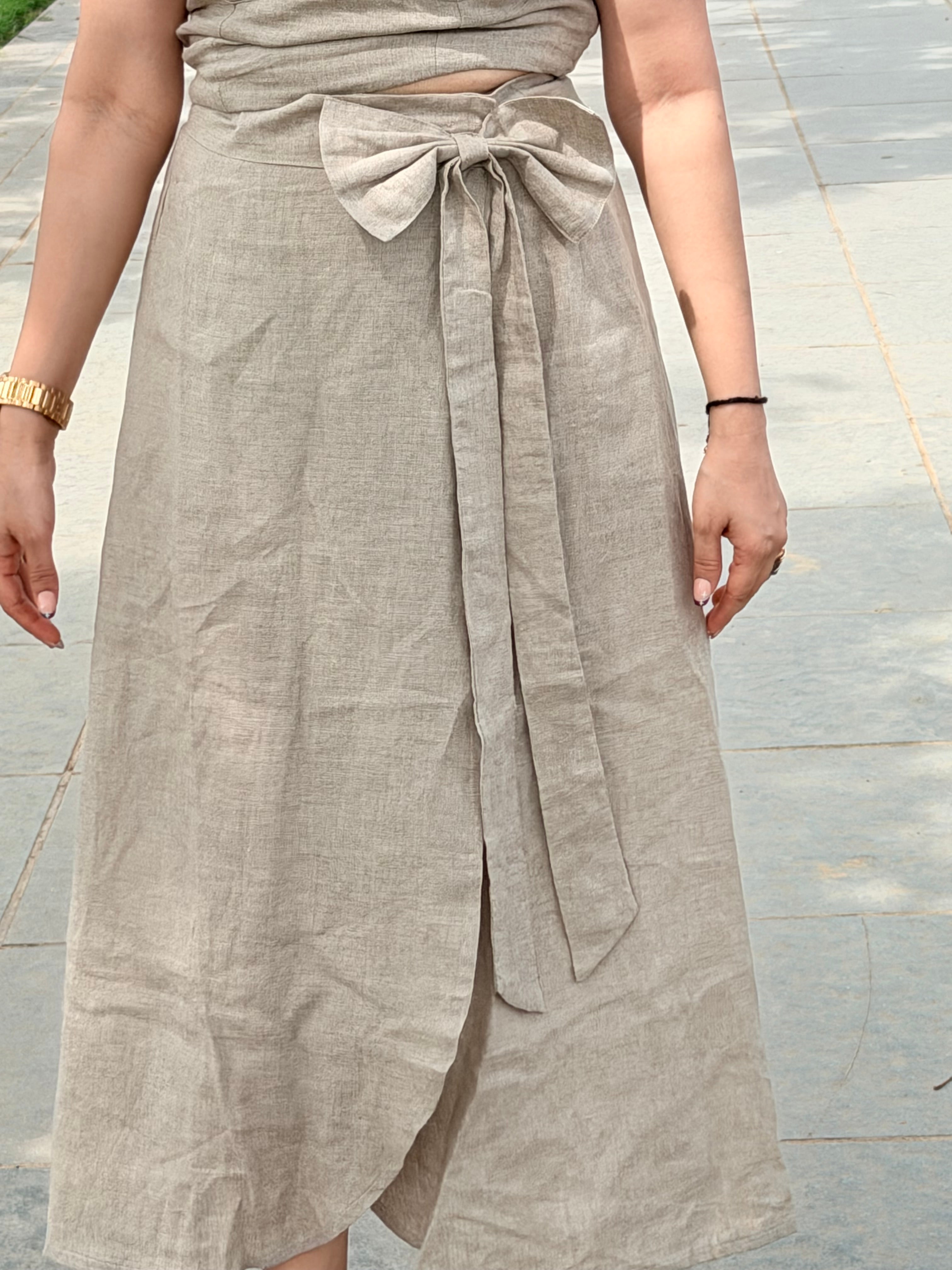 Beige wrap around skirt with tie knot top linen co ord