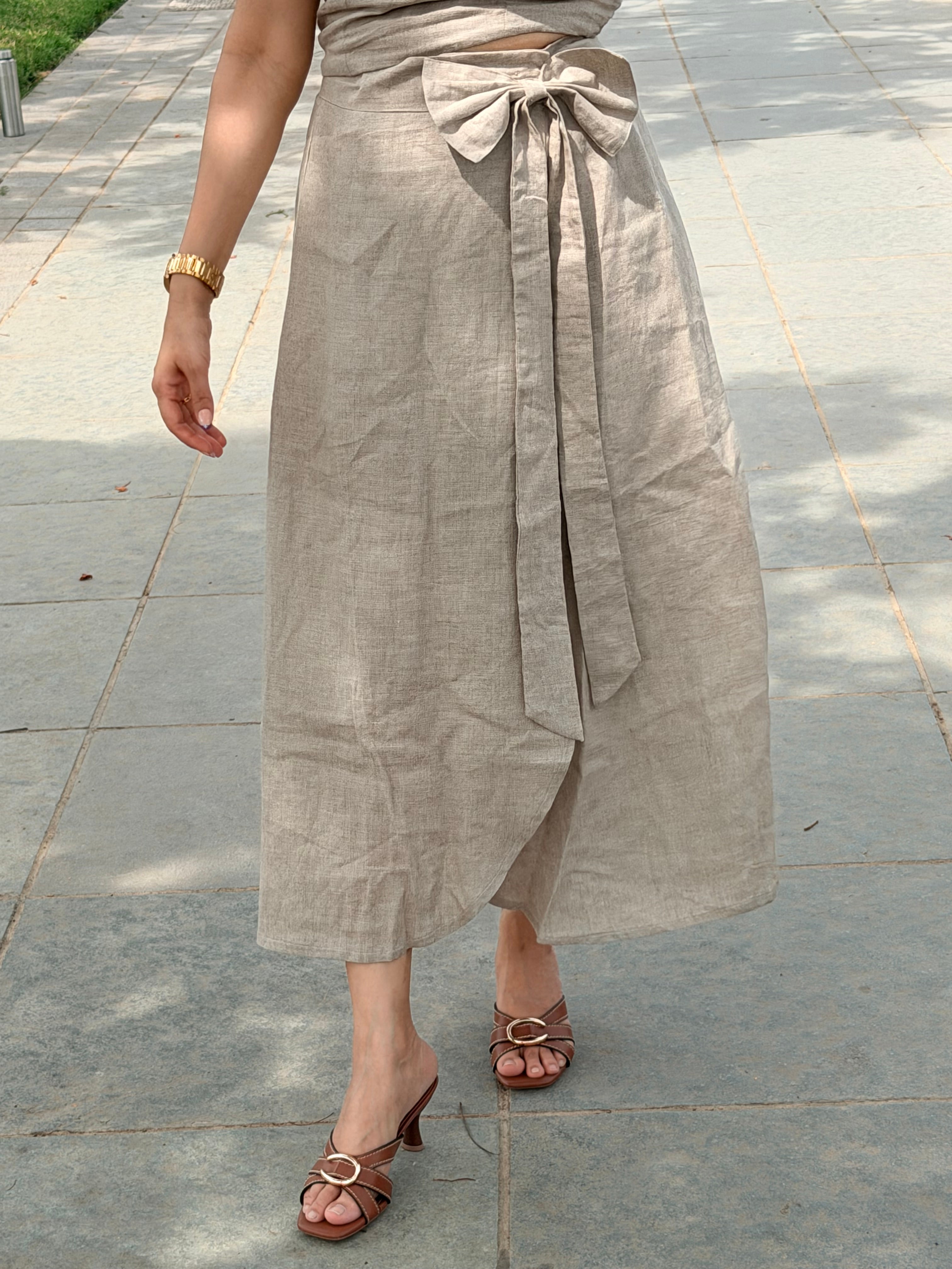 Beige wrap around skirt with tie knot top linen co ord
