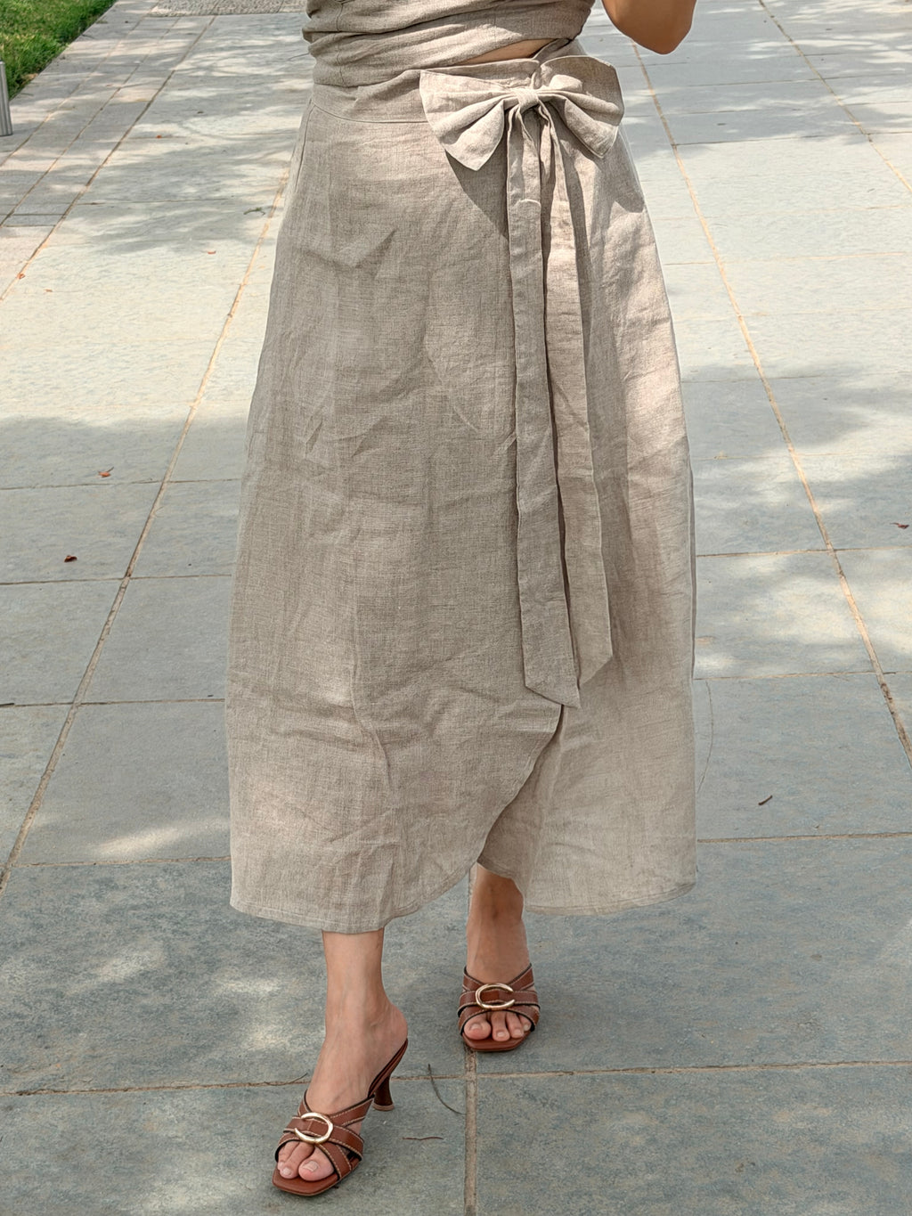 Beige wrap around skirt with tie knot top linen co ord