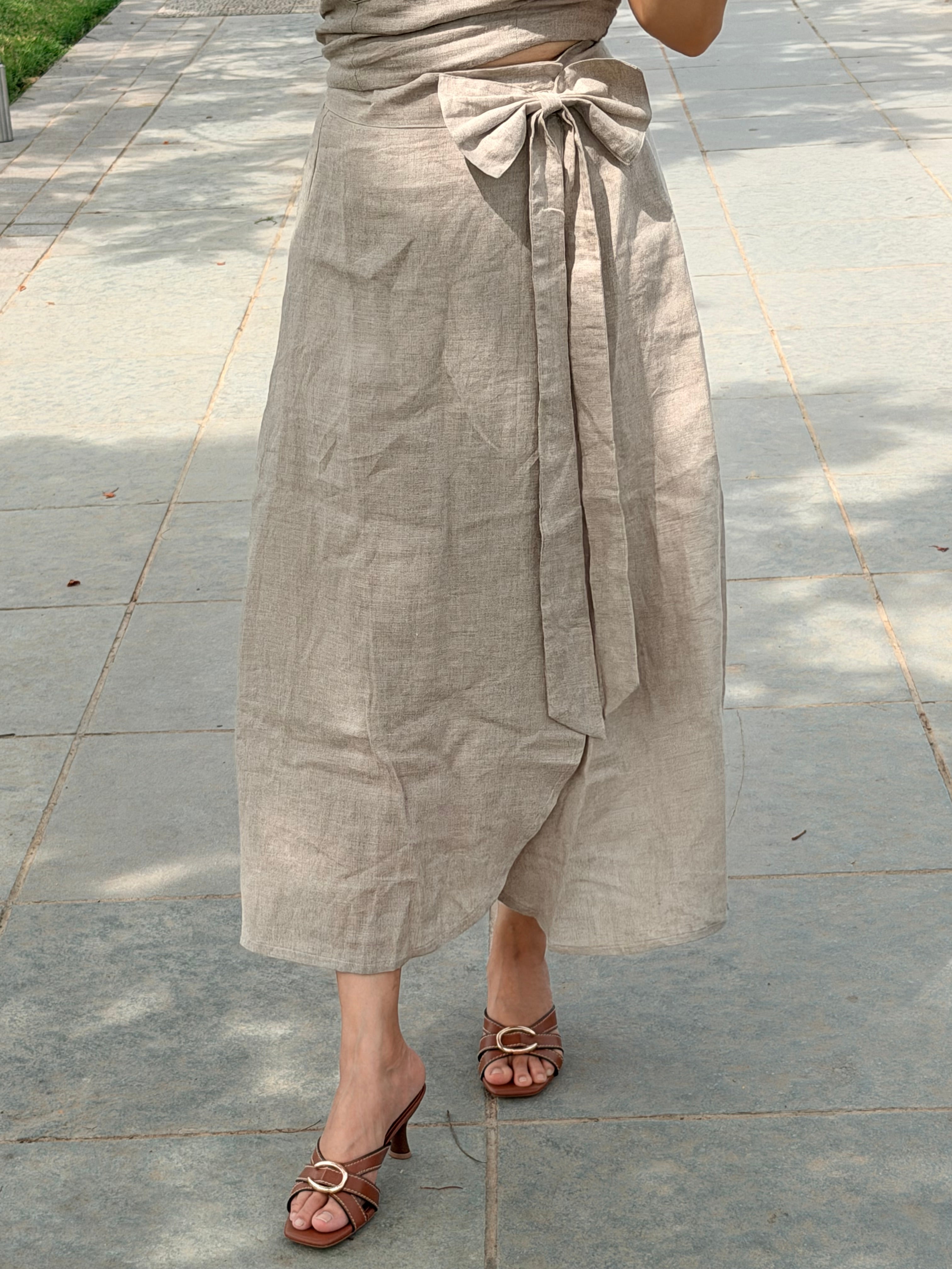 Beige wrap around skirt with tie knot top linen co ord
