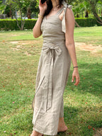 Beige bow wrap around linen skirt