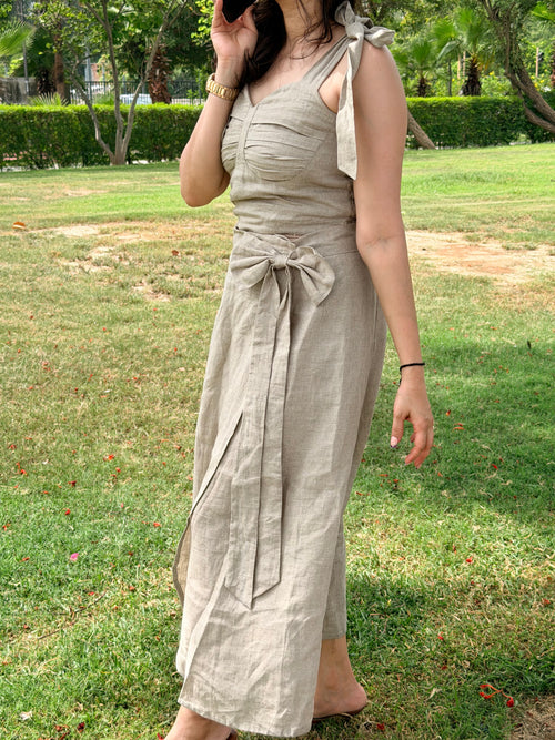 Beige bow wrap around linen skirt