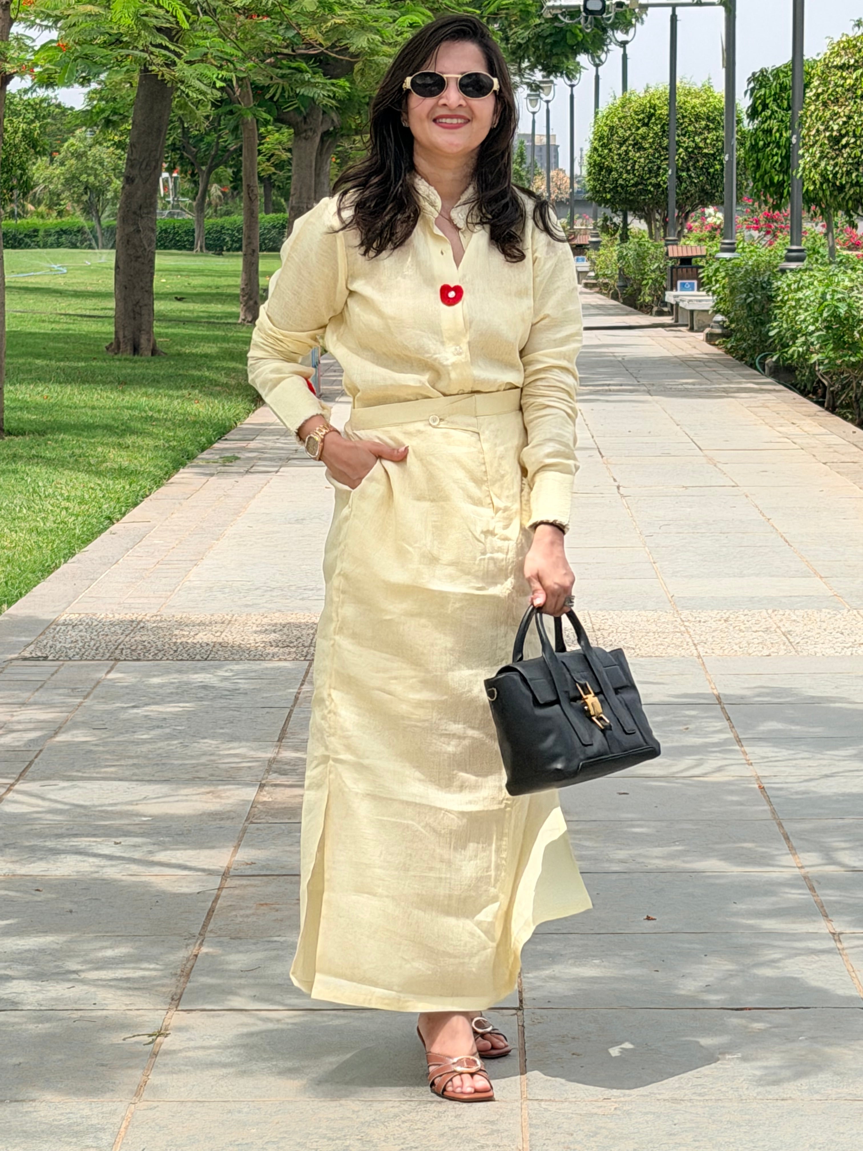 Butter yellow slit skirt with shirt linen co ord