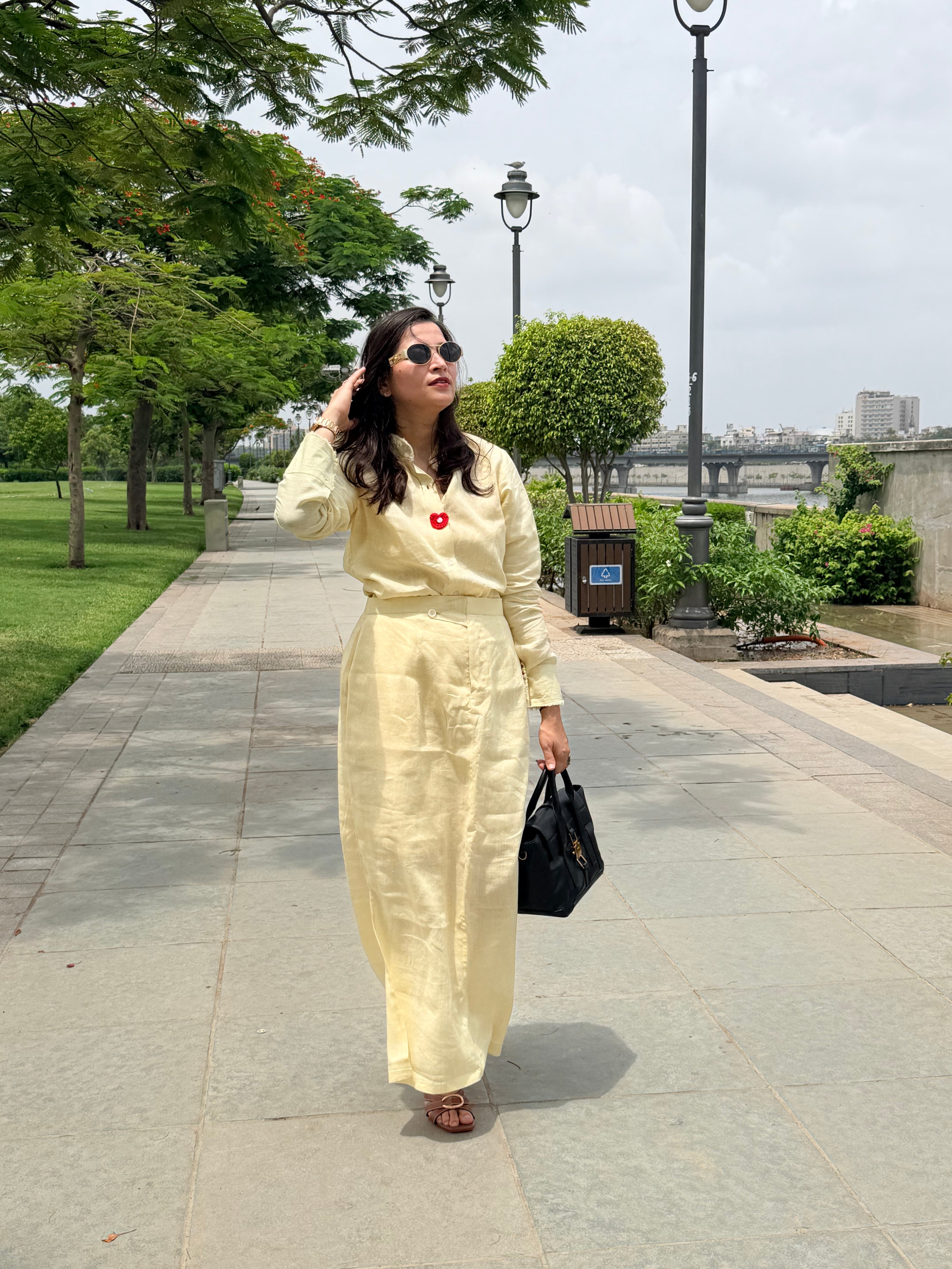 Butter yellow slit skirt with shirt linen co ord
