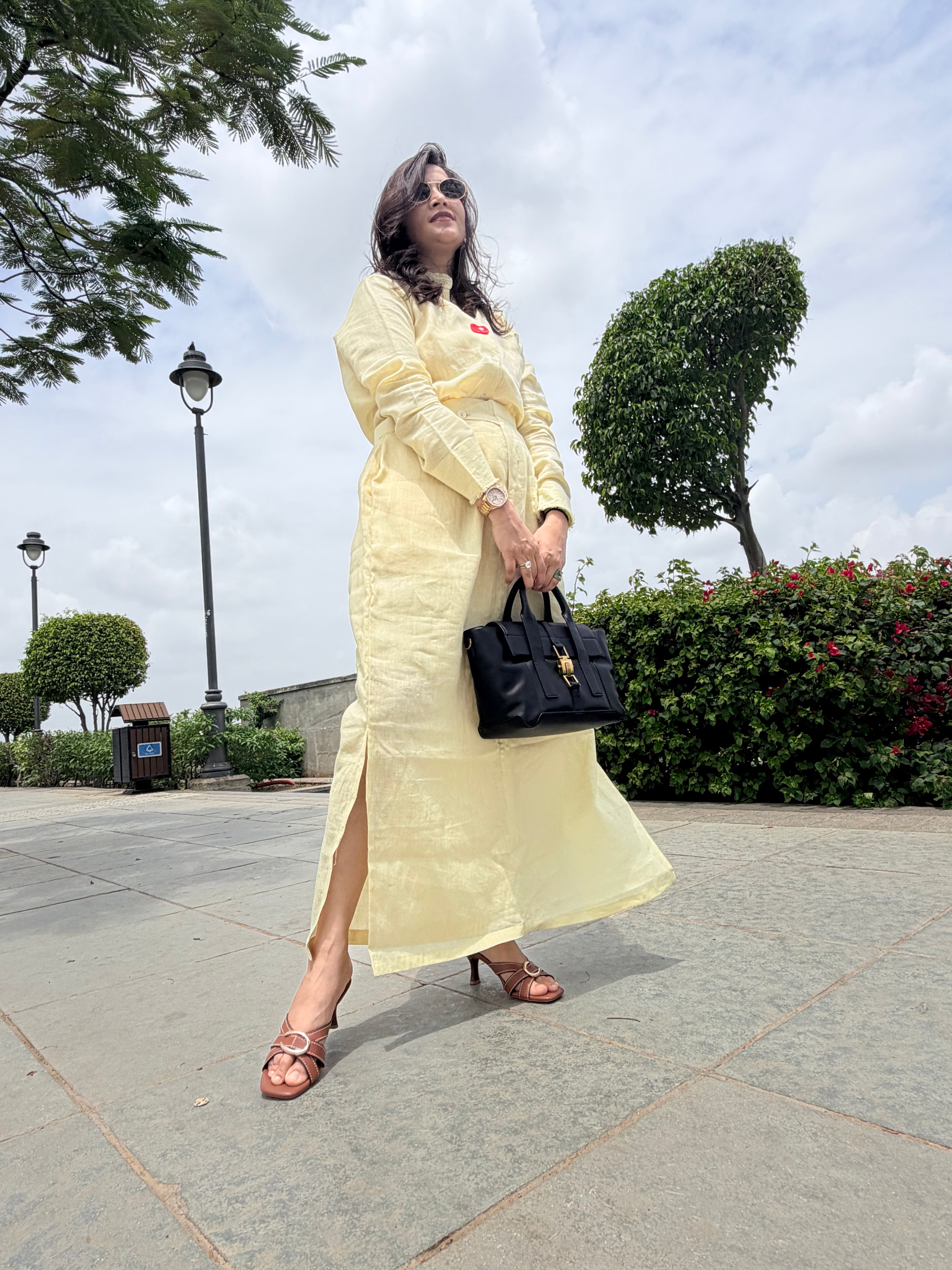 Butter yellow slit skirt with shirt linen co ord