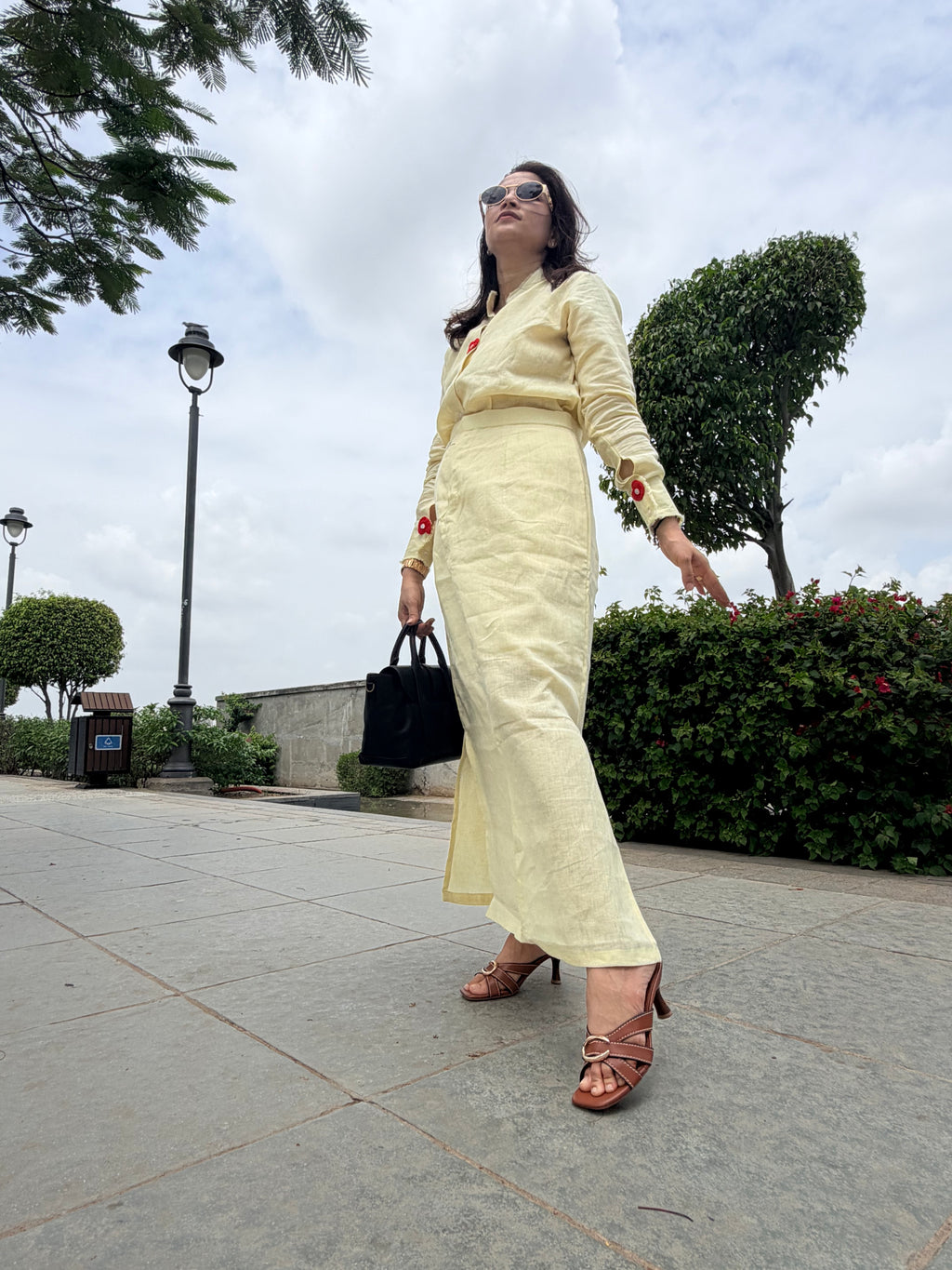 Butter yellow slit skirt with shirt linen co ord