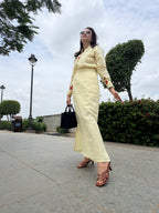 Butter yellow slit skirt with shirt linen co ord
