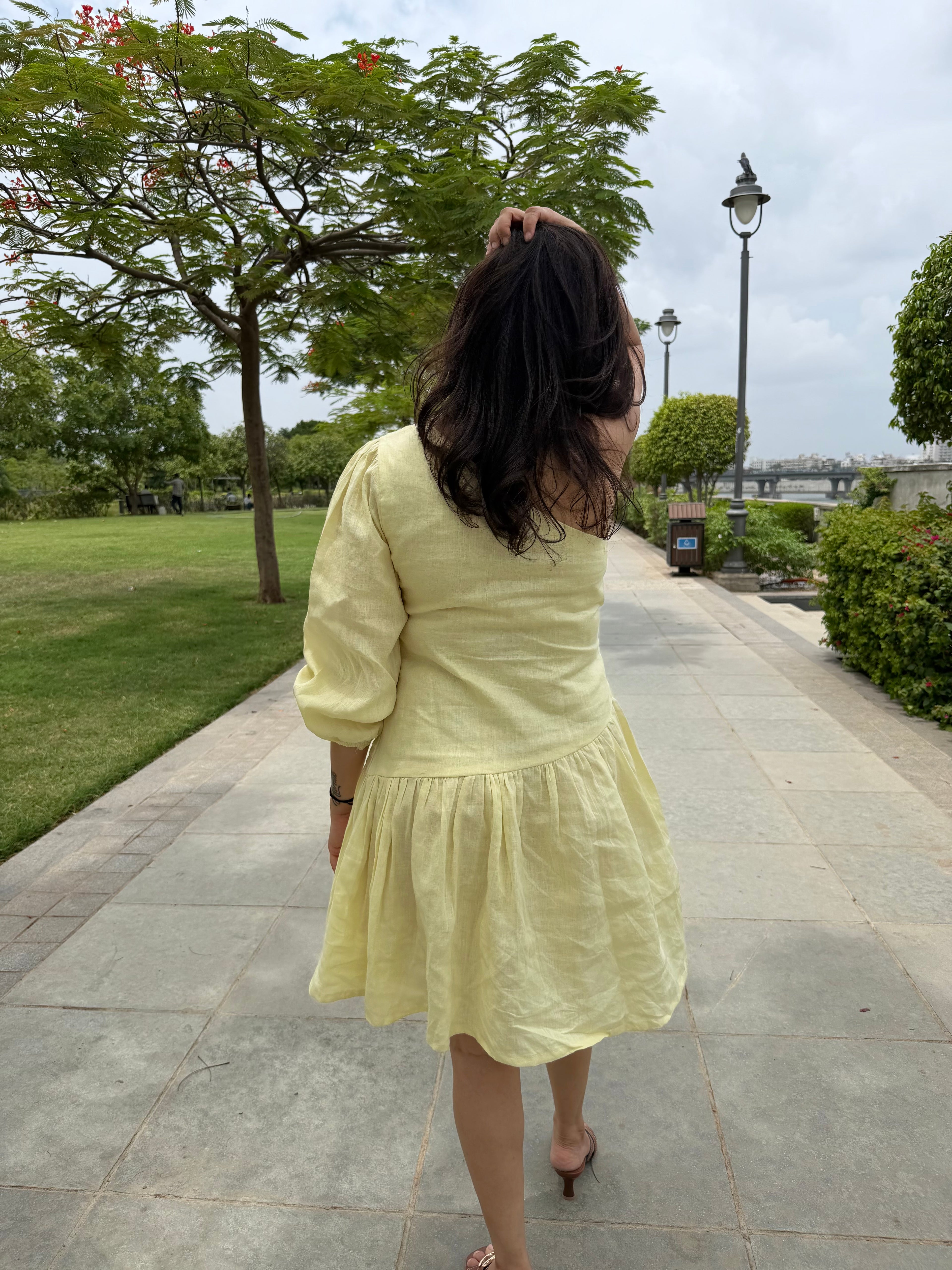 Butter yellow one shoulder dress