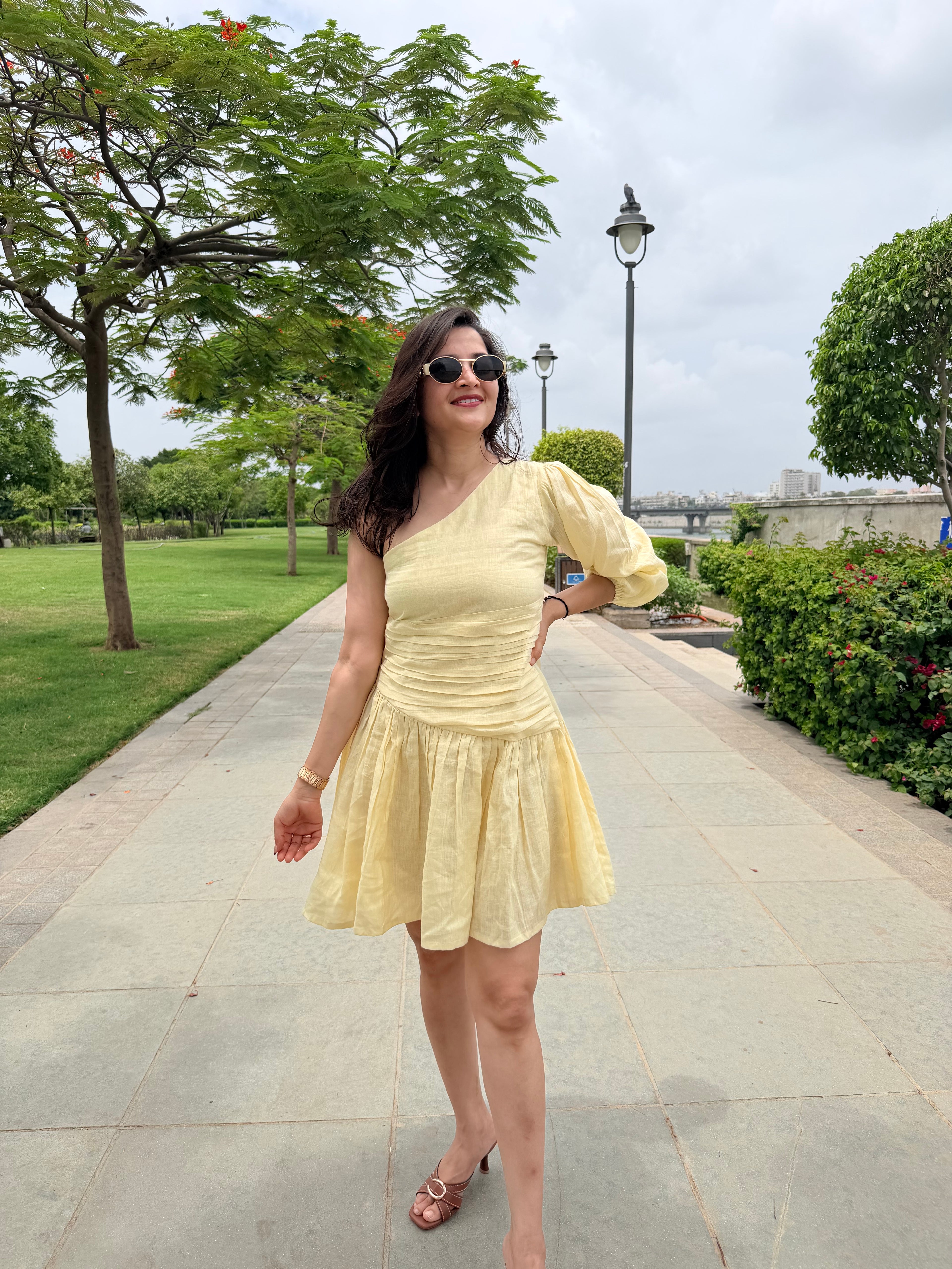 Butter yellow one shoulder dress