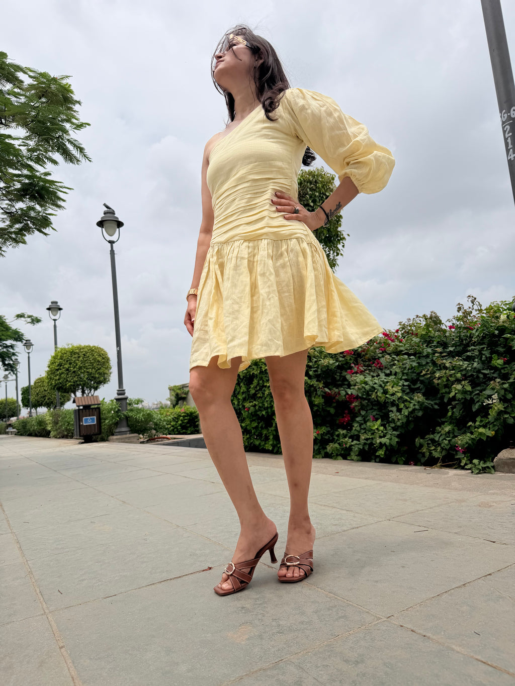 Butter yellow one shoulder dress