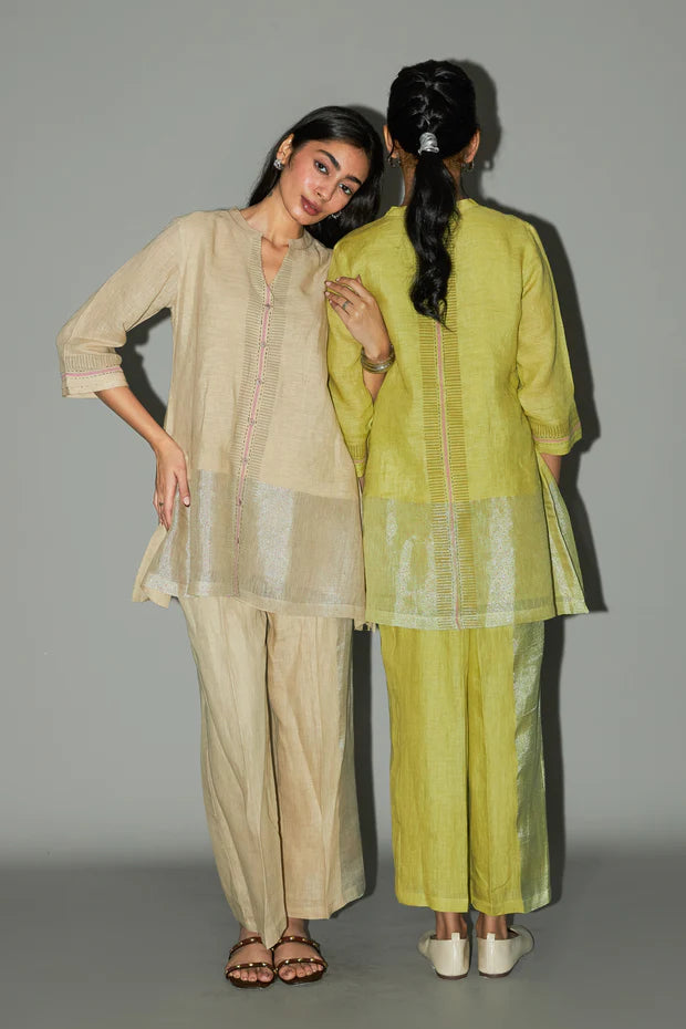 Block Printed Zari Linen Co ord set (Lime)