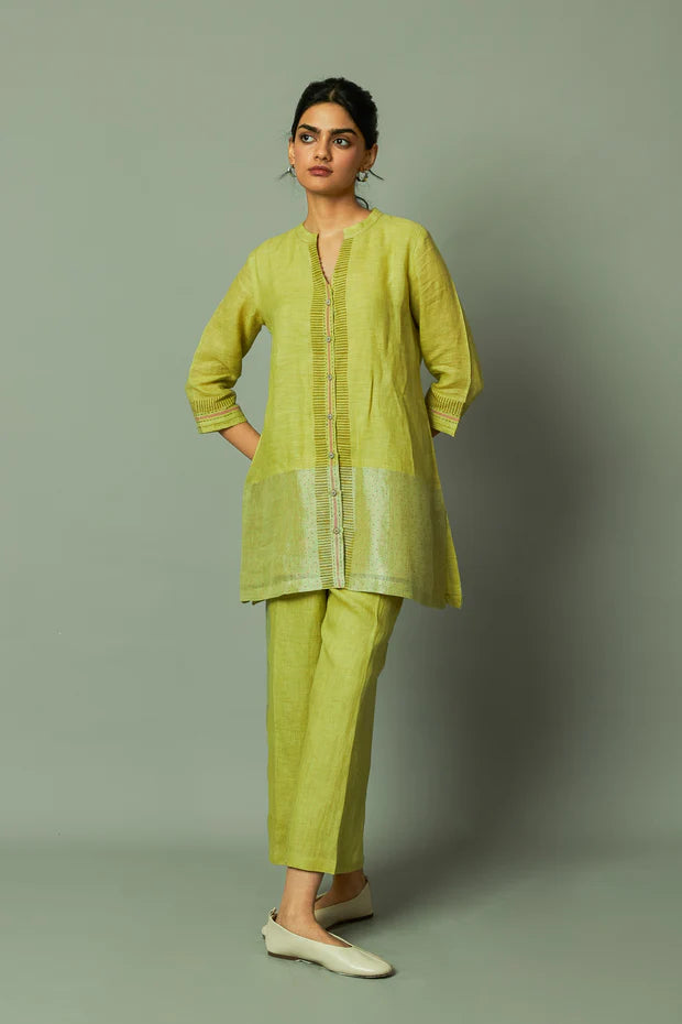 Block Printed Zari Linen Co ord set (Lime)