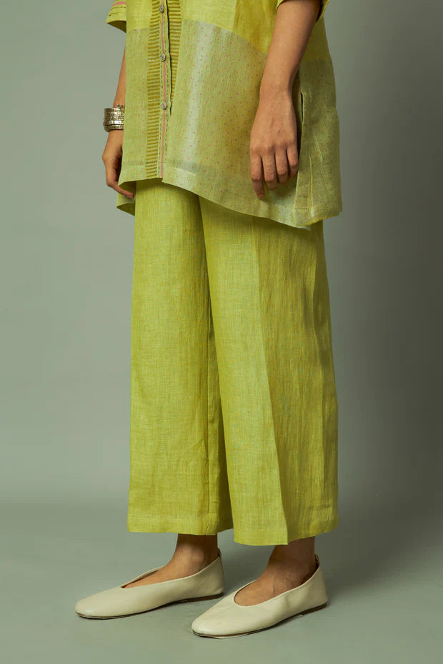 Block Printed Zari Linen Co ord set (Lime)