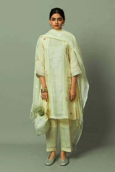Block Printed Sliver Zari Linen Kurta set